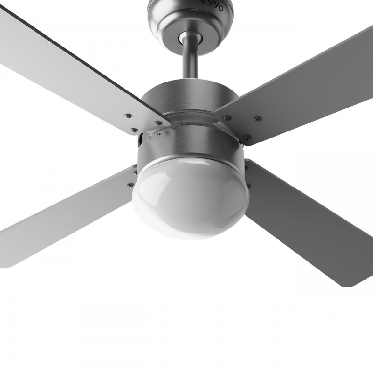 Ventilador de techo metálico moderno con cuatro aspas grises y una esfera de luz blanca redonda sobre fondo blanco.