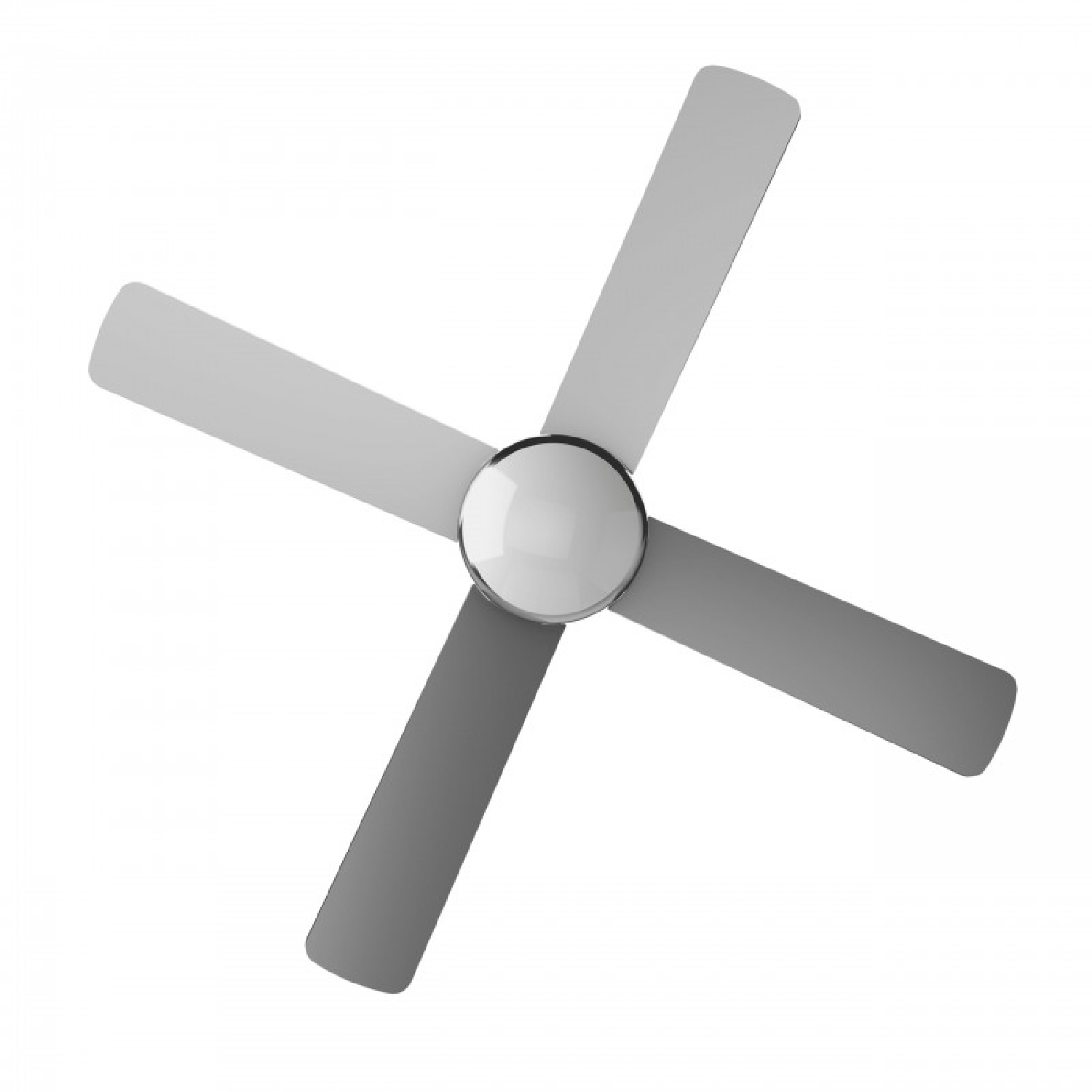Un ventilador de techo moderno con cuatro aspas grises y un centro plateado sobre fondo blanco.