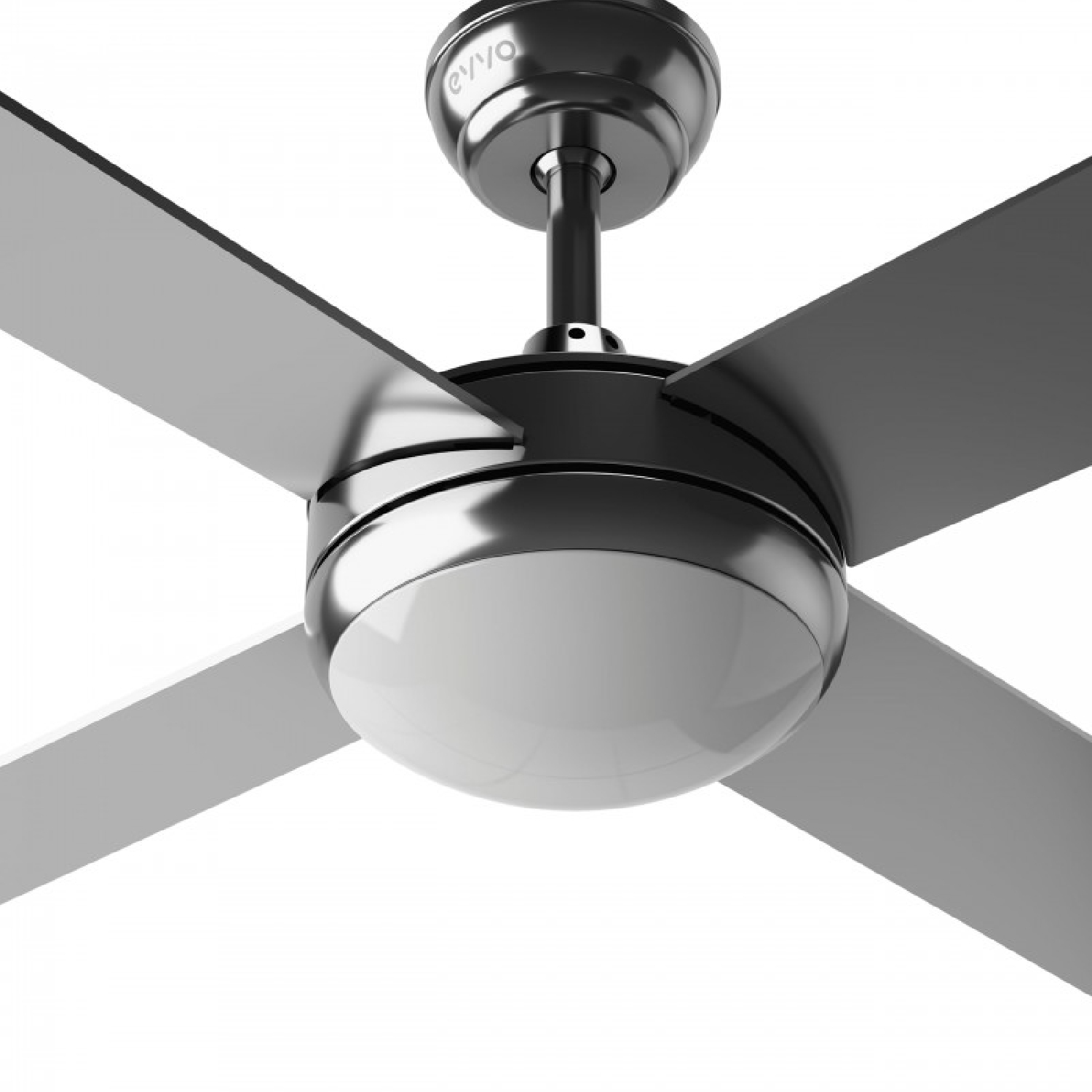 Ventilador de techo moderno con cuatro aspas grises y una luz redonda blanca en el centro.