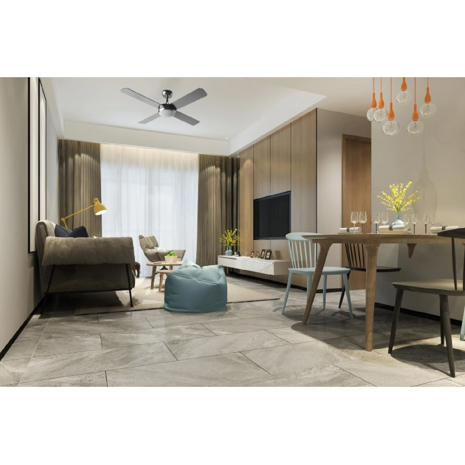Salón y comedor moderno de planta abierta con sofá, mesa de madera y lámparas colgantes.