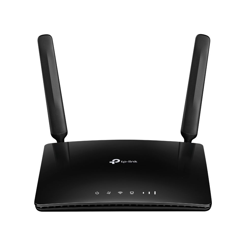 Ein schwarzer TP-Link Router mit zwei großen Antennen steht auf einer weißen Oberfläche.