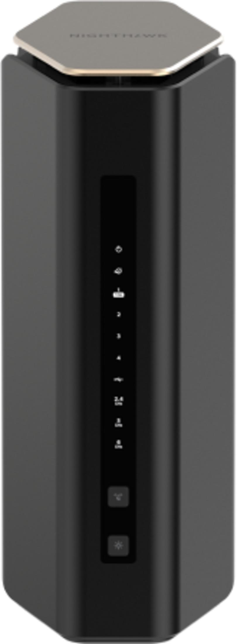 Czarny, sześciokątny router Wi-Fi Netgear Nighthawk z paskiem kontrolnym z przodu i srebrną pokrywą.