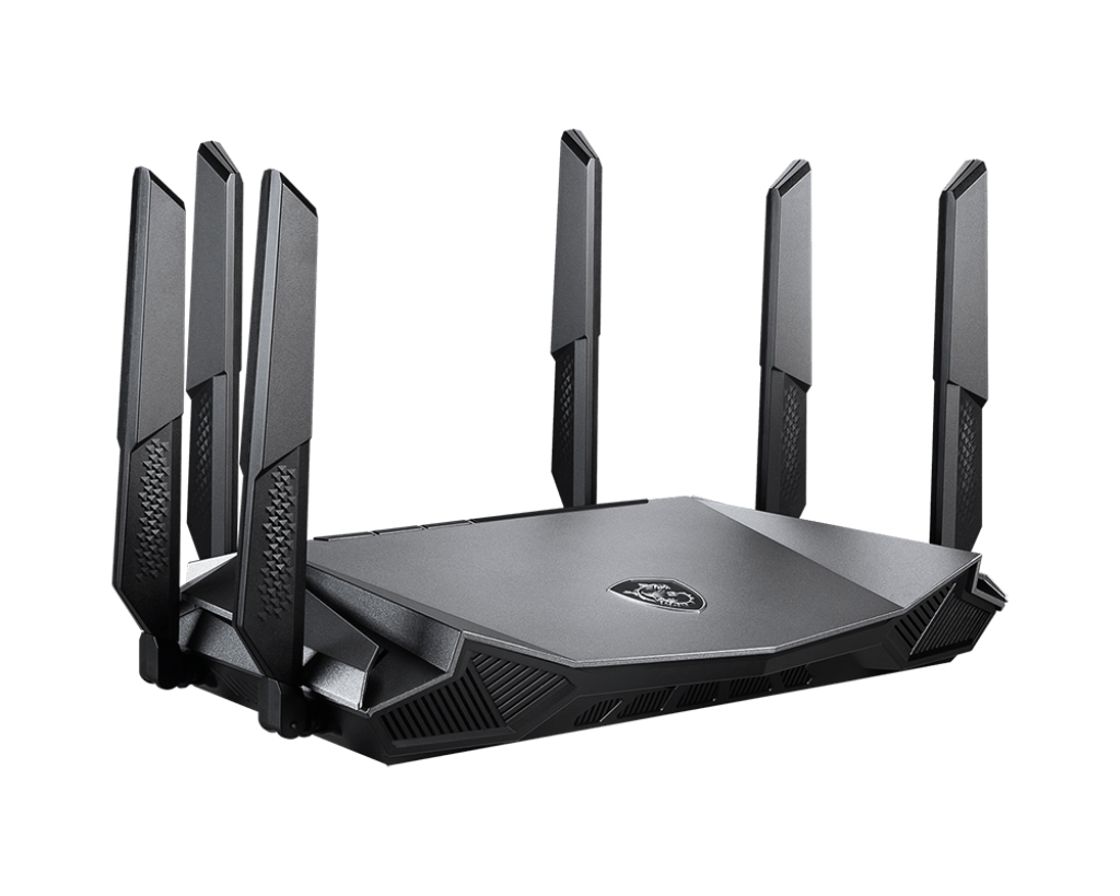 Ein schwarzer WLAN-Router mit sechs vertikalen Antennen und einem Logo oben auf weißem Hintergrund.