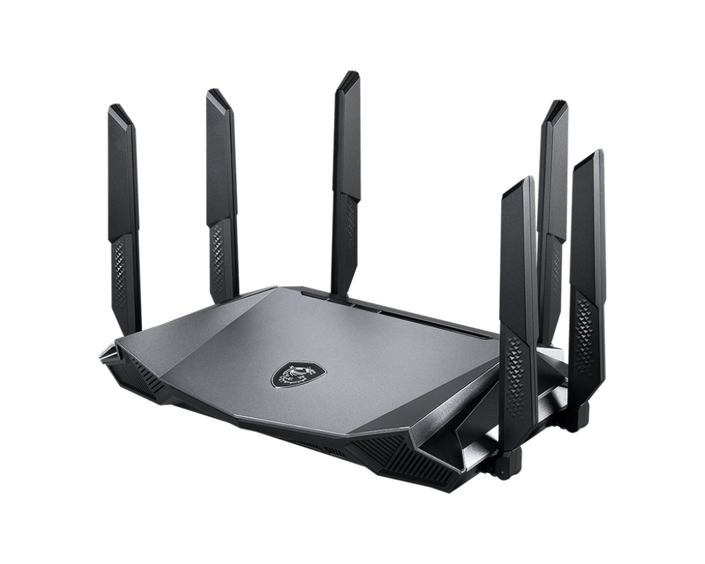 Ein schwarzer WLAN-Router mit sechs aufrechten Antennen und einem MSI-Logo auf der Oberseite.