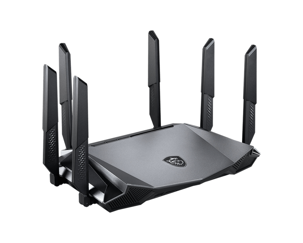Ein schwarzer WLAN-Router mit sechs aufrechten Antennen und einem MSI-Logo in der Mitte.