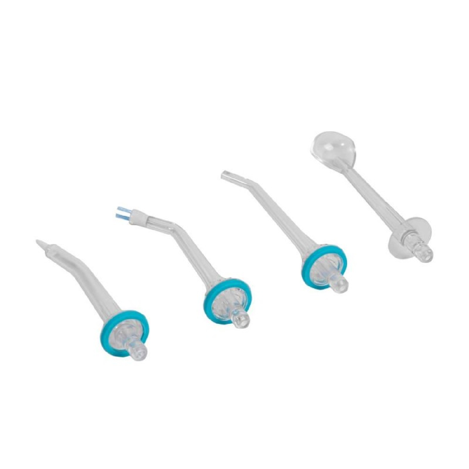 Cuatro accesorios de instrumentos dentales de plástico transparente con anillos azules sobre fondo blanco.