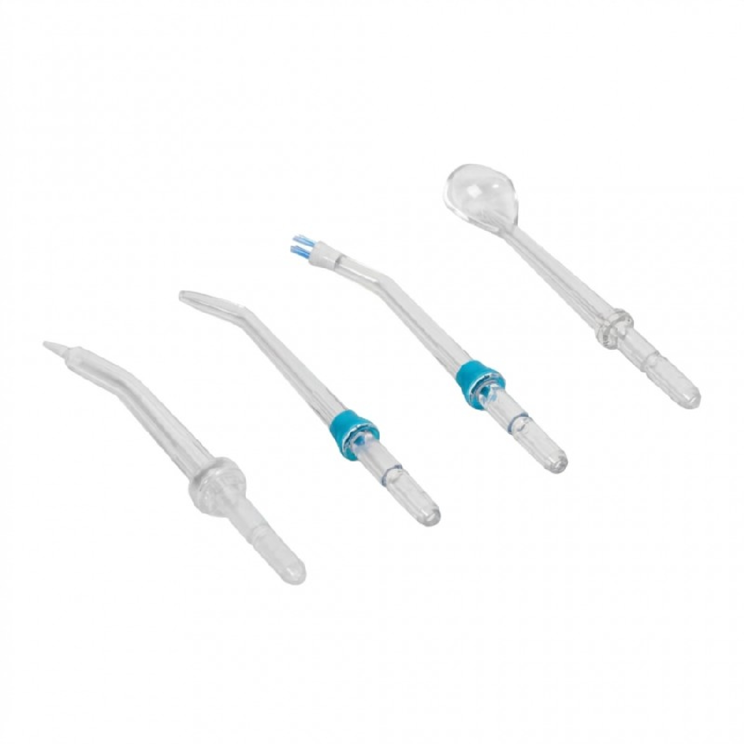 Cuatro boquillas de irrigador dental transparentes diferentes con anillos azules sobre fondo blanco.