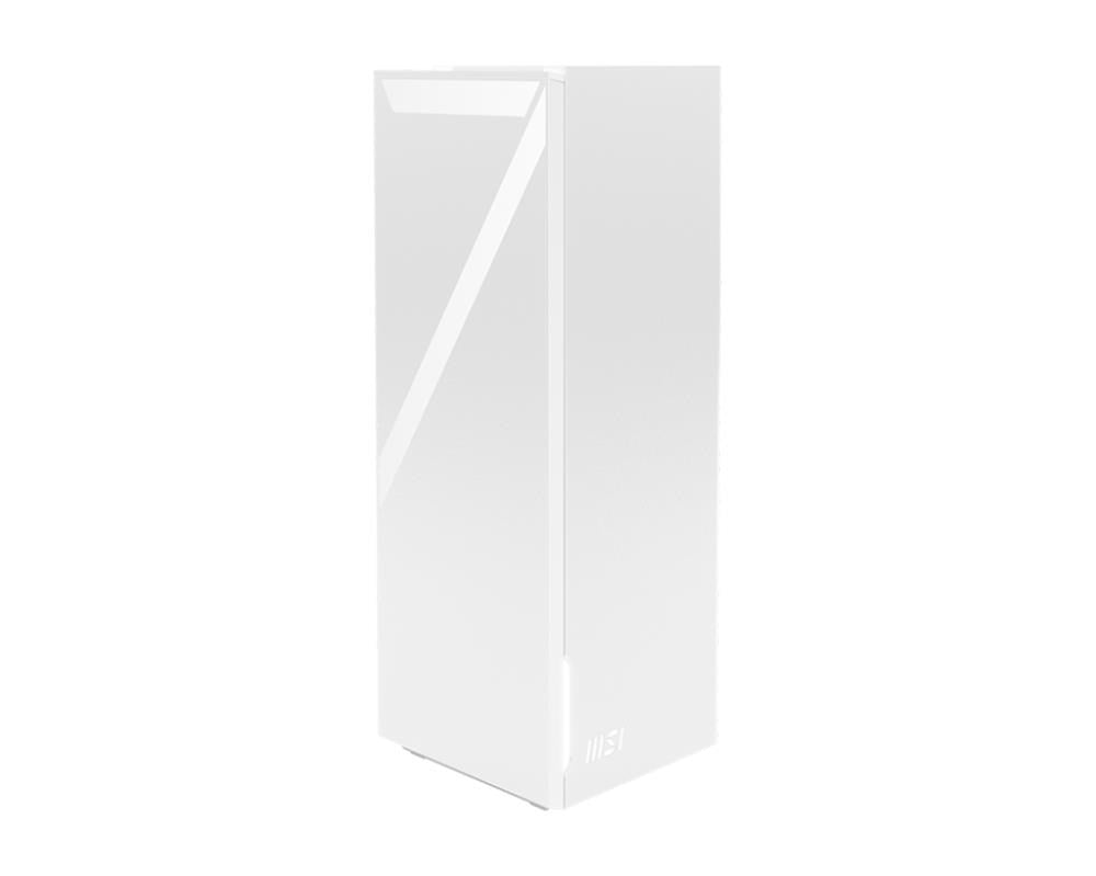Ein modernes, weißes PC-Gehäuse mit klarem Design, diagonaler Frontakzentuierung und dezentem Logo vor weißem Hintergrund.