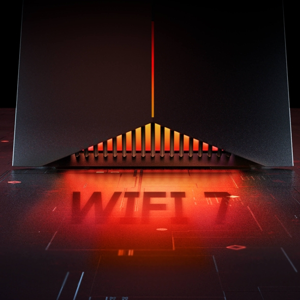 Ein schwarzer WLAN 7 Router mit orange leuchtenden Lichtern auf dunkler Oberfläche.