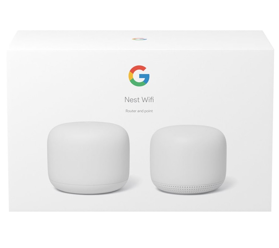 Weiße Google Nest Wifi Produktverpackung mit dem Logo und zwei Routern.