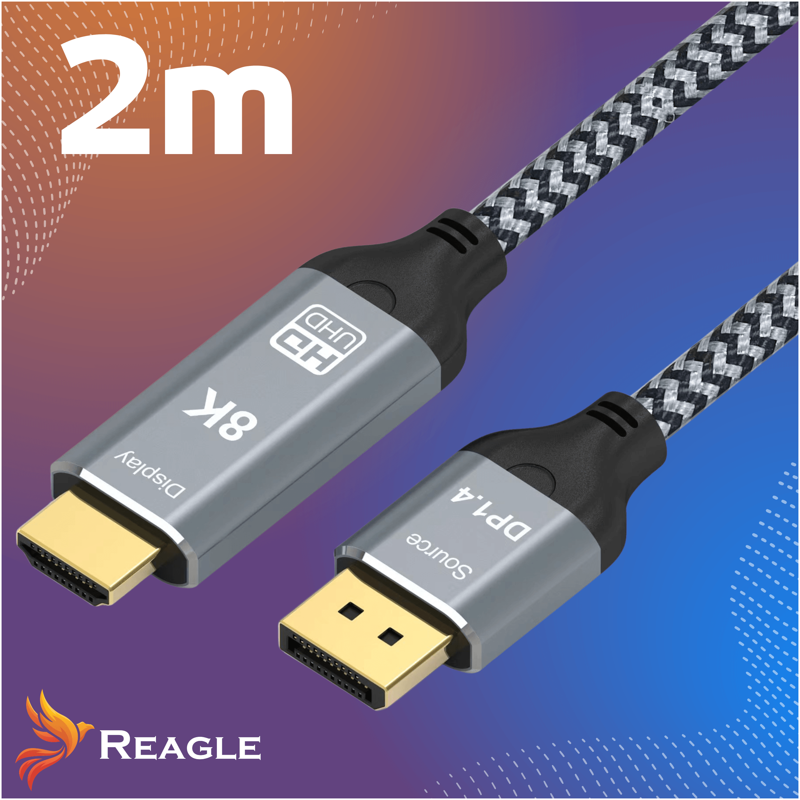 Ein geflochtenes Reagle HDMI-auf-DisplayPort-Kabel mit goldenen Steckern vor einem Farbverlauf.