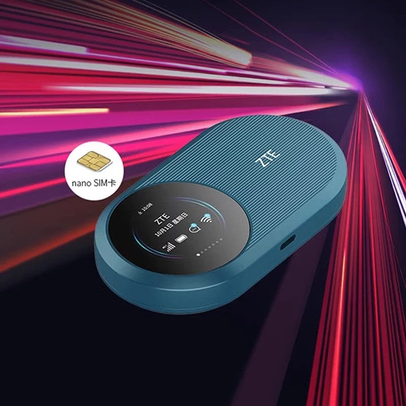 Niebieski router Wi-Fi ZTE z okrągłym wyświetlaczem i ikoną nano SIM na tle czerwonych smug światła.
