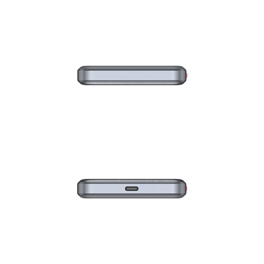 Dwa szare urządzenia z zaokrąglonymi krawędziami; dolne ma port USB-C.