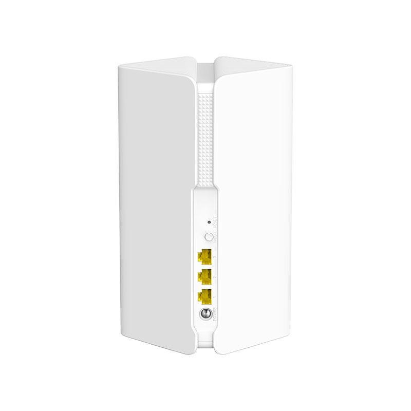 Ein weißer WLAN-Router mit Ethernet-Anschlüssen und einem Power-Anschluss auf der Rückseite.