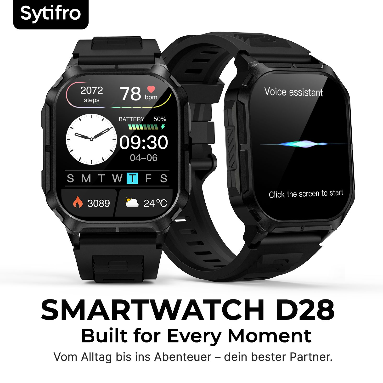 Zwei schwarze Sytifro D28 Smartwatches mit Fitnessdaten und Sprachassistent.