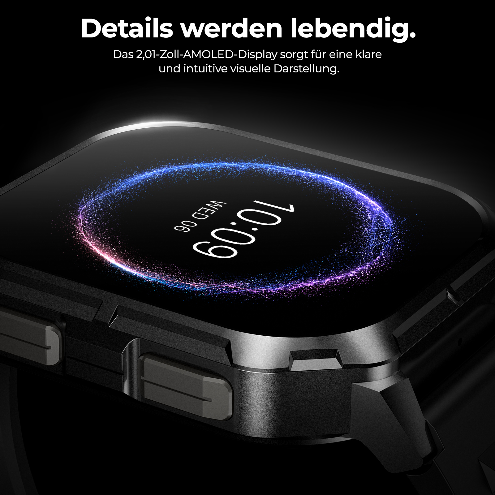 Schwarze Smartwatch mit eckigem Display, blauer Leuchtkreis und deutscher Text über dem Bild.