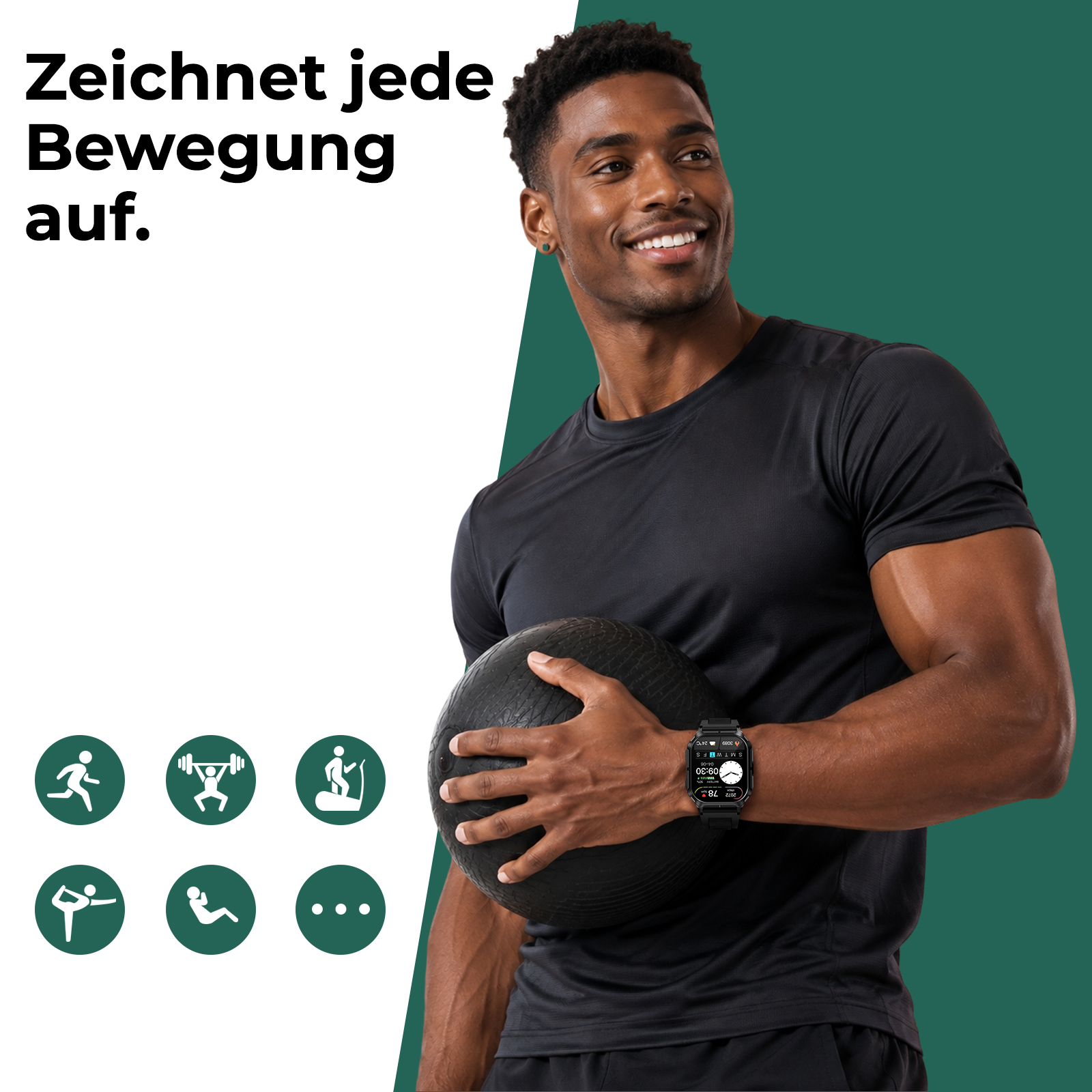 Athletischer Mann mit schwarzem T-Shirt hält einen Medizinball und trägt eine Smartwatch am Handgelenk.