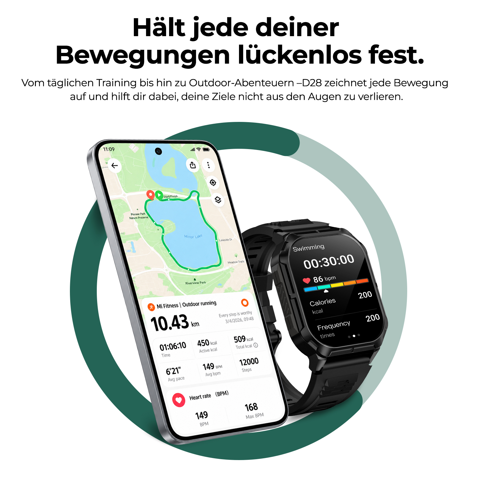 Smartphone mit Fitness-App und schwarze Sportuhr zeigen Trainingsdaten auf grünem Hintergrund.