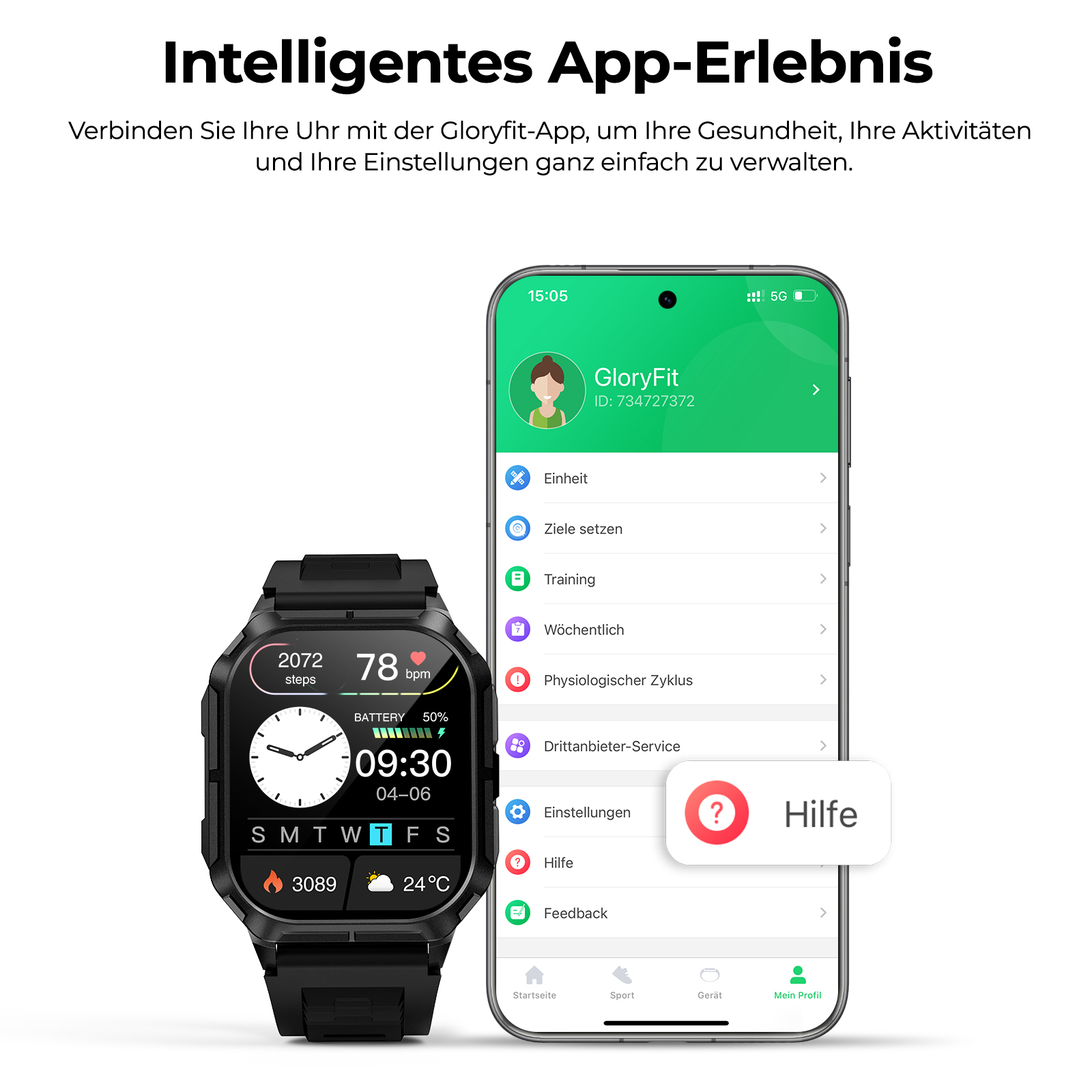 Eine schwarze Smartwatch und ein Smartphone zeigen die Gloryfit-App mit Gesundheitsdaten und Einstellungen.