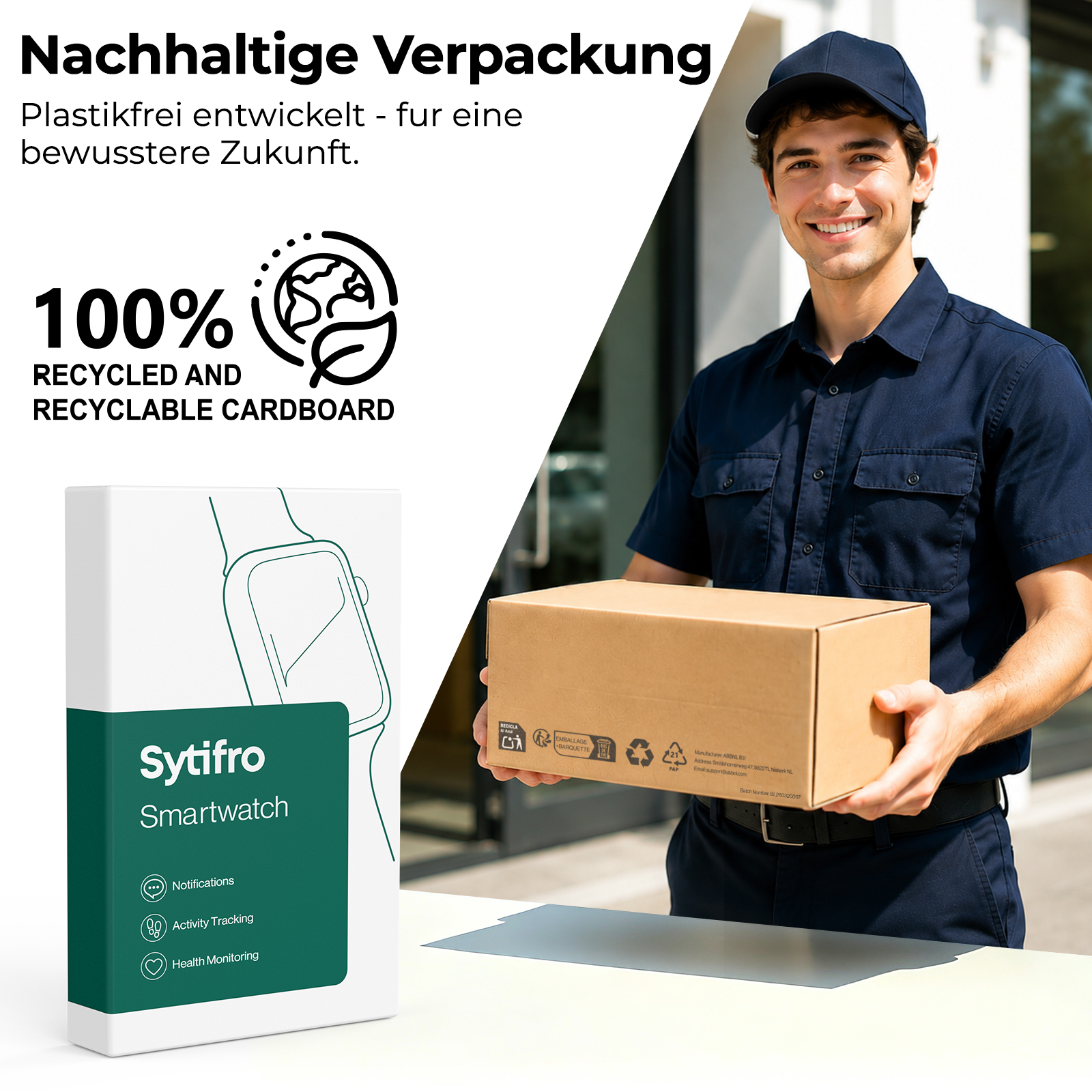 Ein Lieferant lächelt und hält ein Pappkarton, neben einer Smartwatch-Verpackung und Text über recycelten Karton.