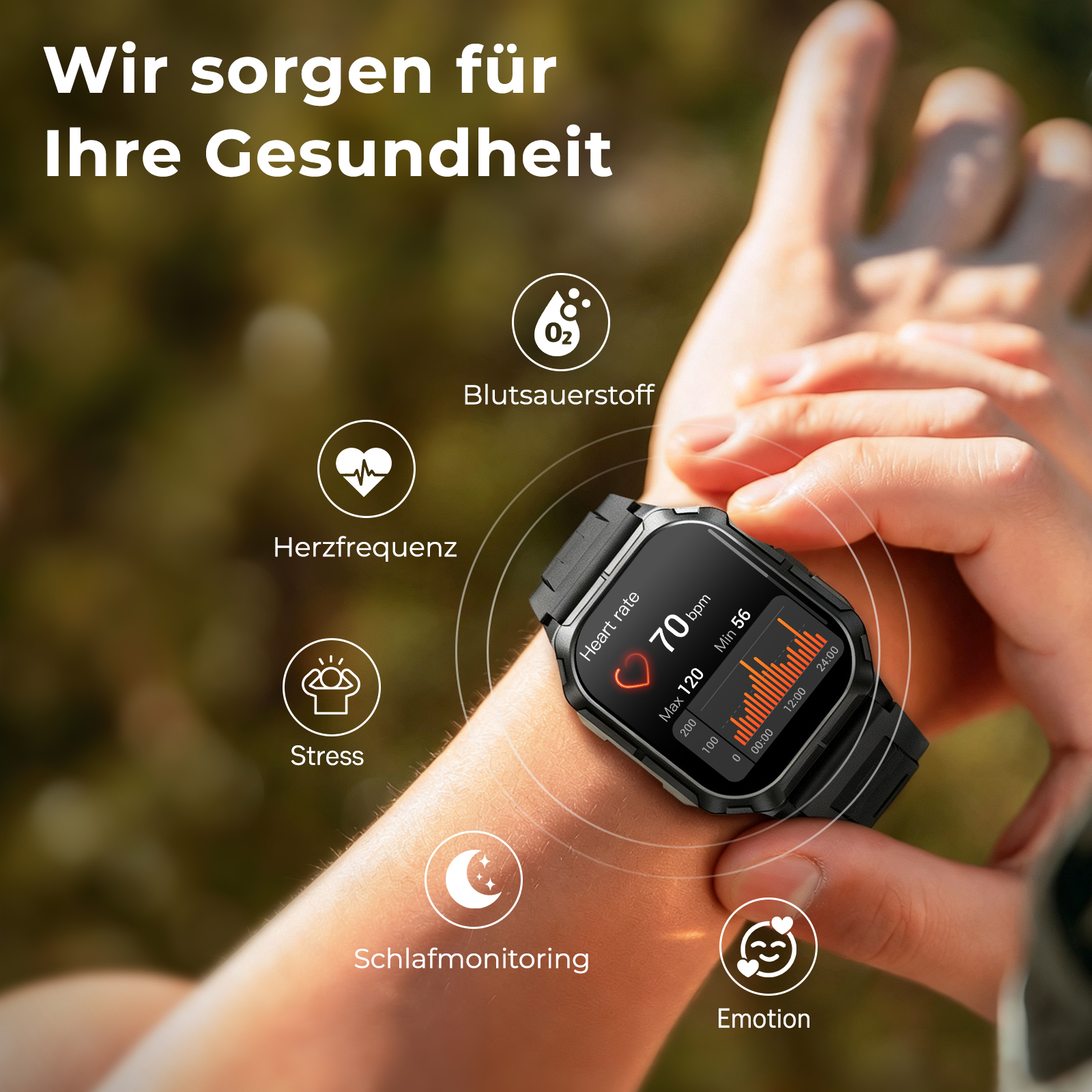 Eine Smartwatch zeigt Gesundheitsdaten wie Herzfrequenz, Stress und Schlaf an.
