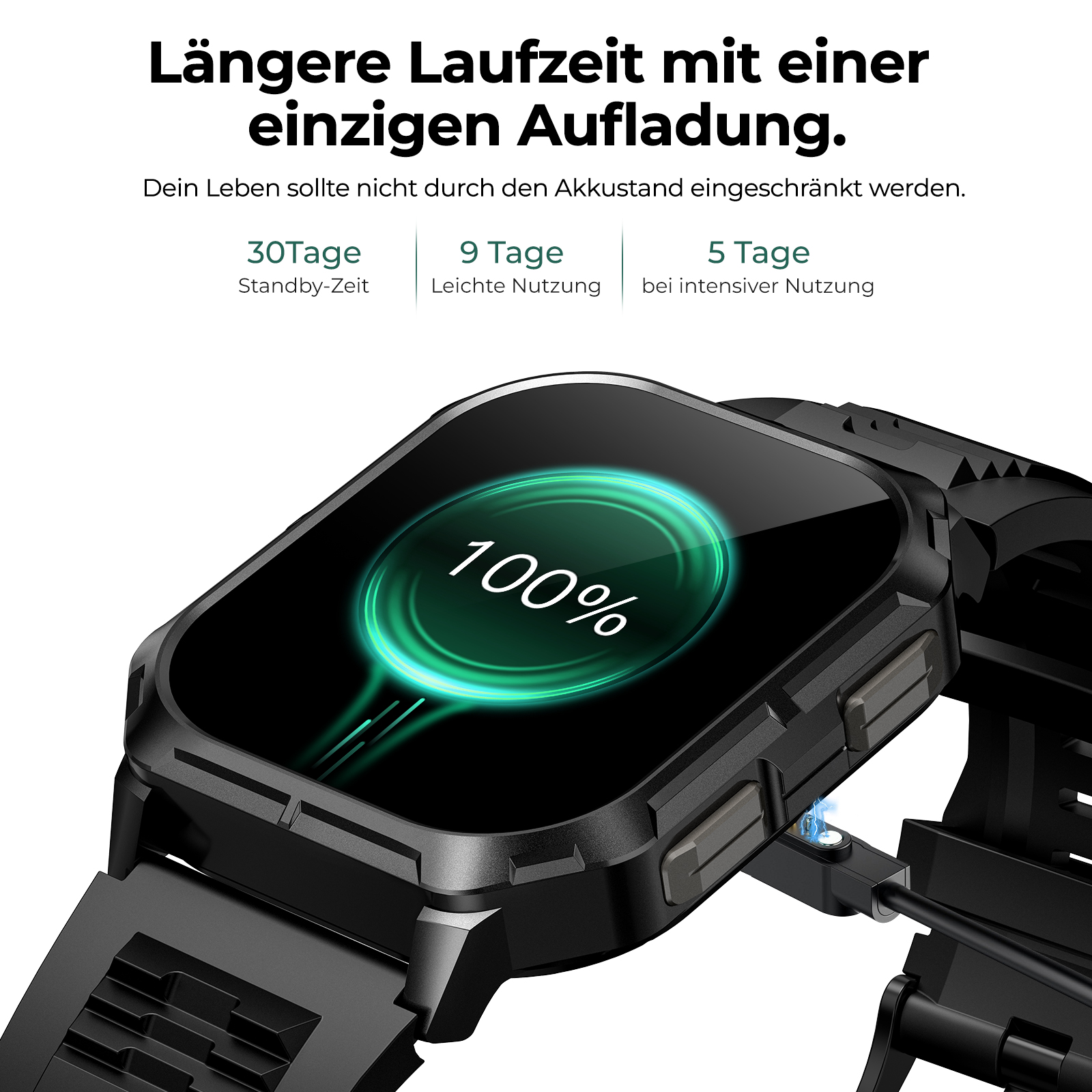 Schwarze Smartwatch mit 100% Akkuanzeige auf dem Display und Text über Batterielaufzeit.