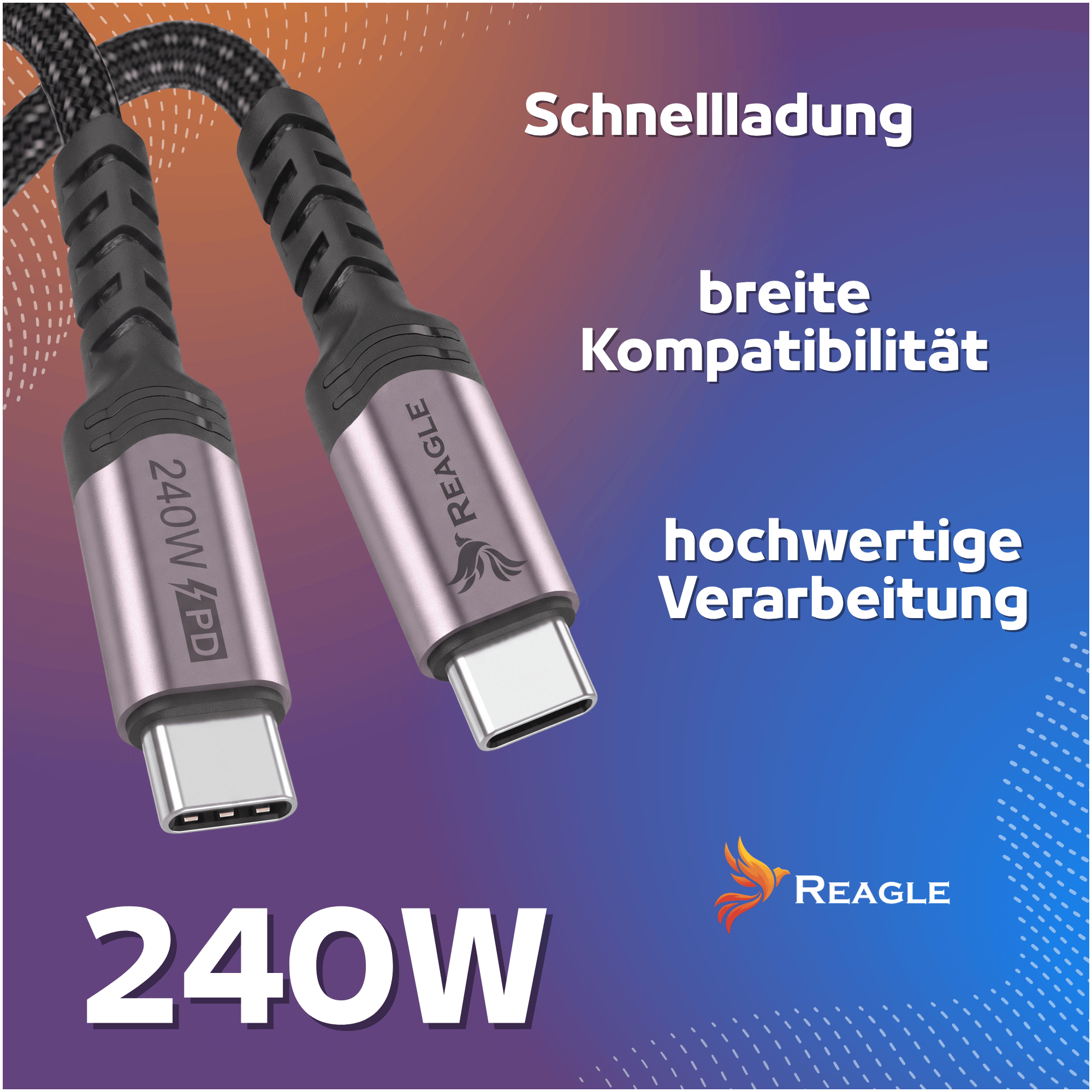 Zwei Reagle 240W USB-C-Kabel vor blau-orangefarbenem Hintergrund mit deutschem Werbetext.