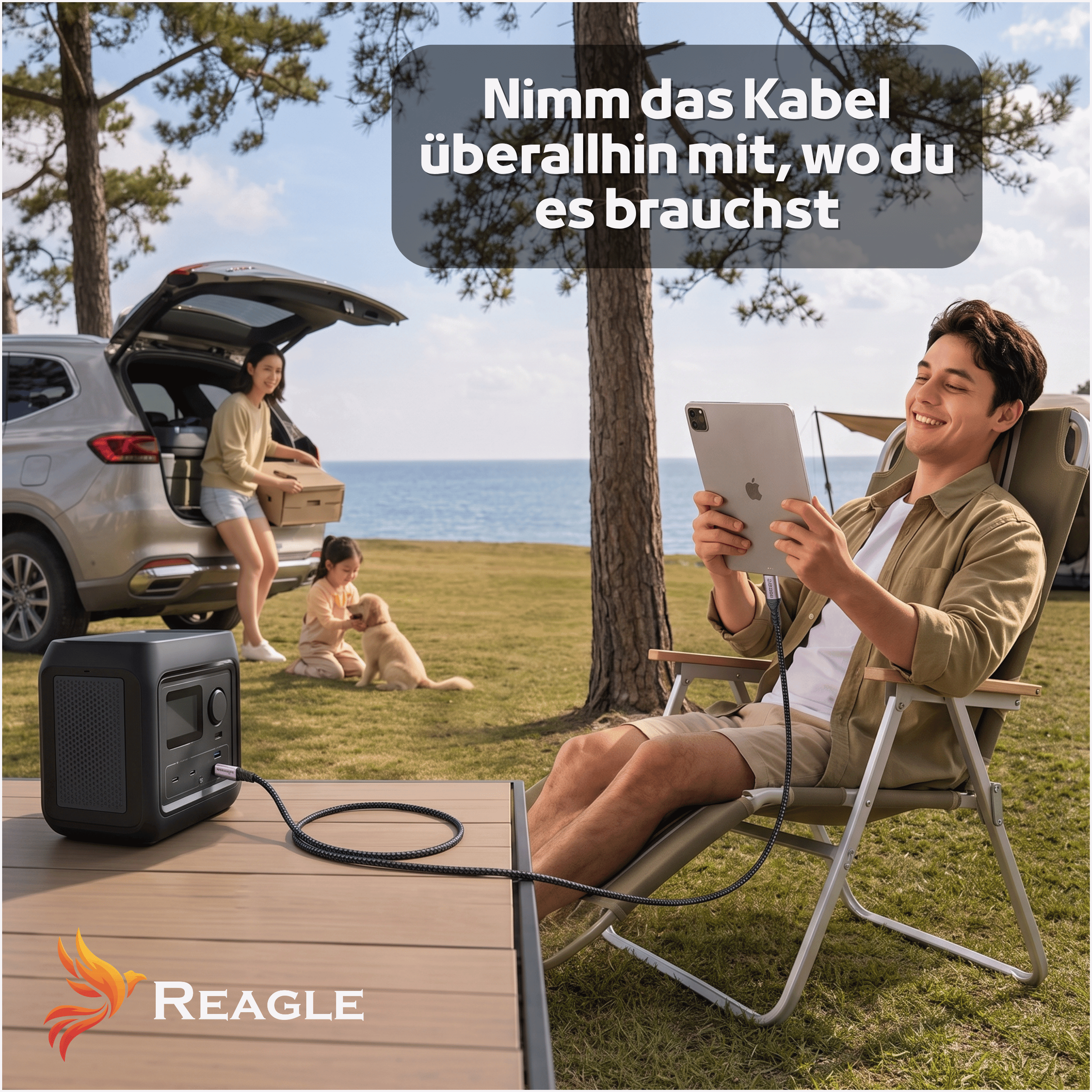 Ein Mann sitzt in einem Campingstuhl und nutzt ein Tablet, das an ein tragbares Kraftwerk angeschlossen ist.