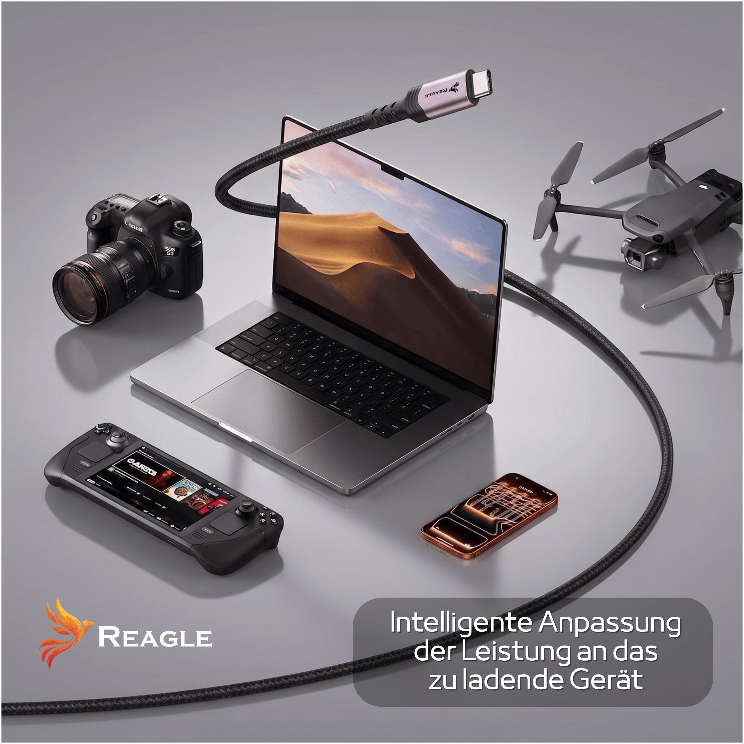 Ein Laptop, Kamera, Drohne, Handheld-Konsole und Smartphone auf grauer Fläche mit einem Reagle USB-C-Kabel.