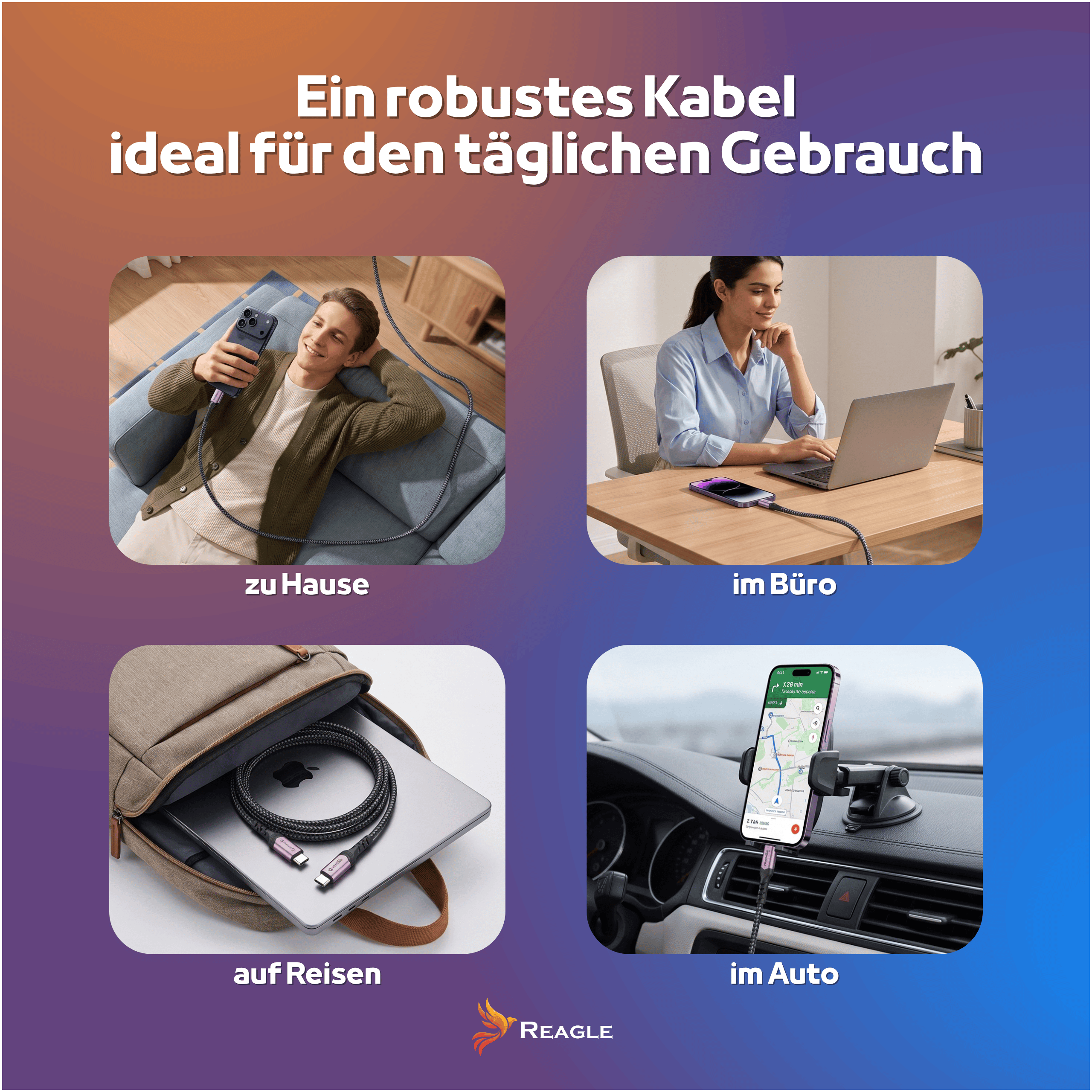 Ein robustes Kabel im Einsatz zu Hause, im Büro, auf Reisen und im Auto.