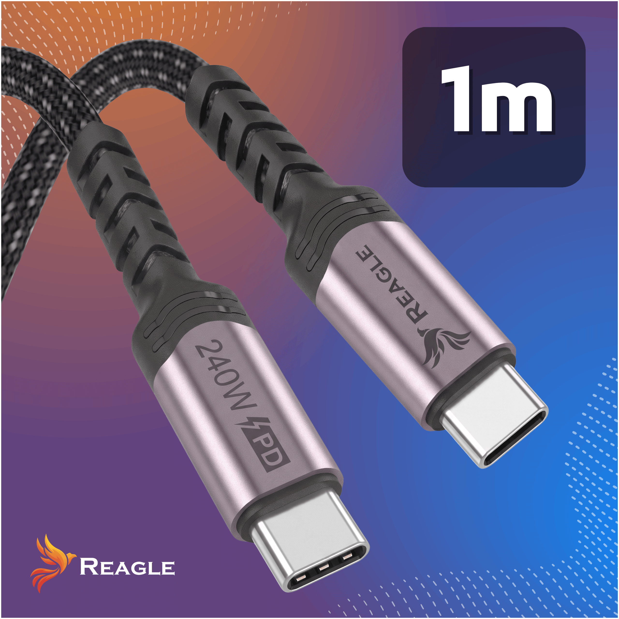 Zwei schwarze USB-C-Kabel mit grauen Metallsteckern, mit der Aufschrift 240W PD und Reagle, vor einem bunten Hintergrund.