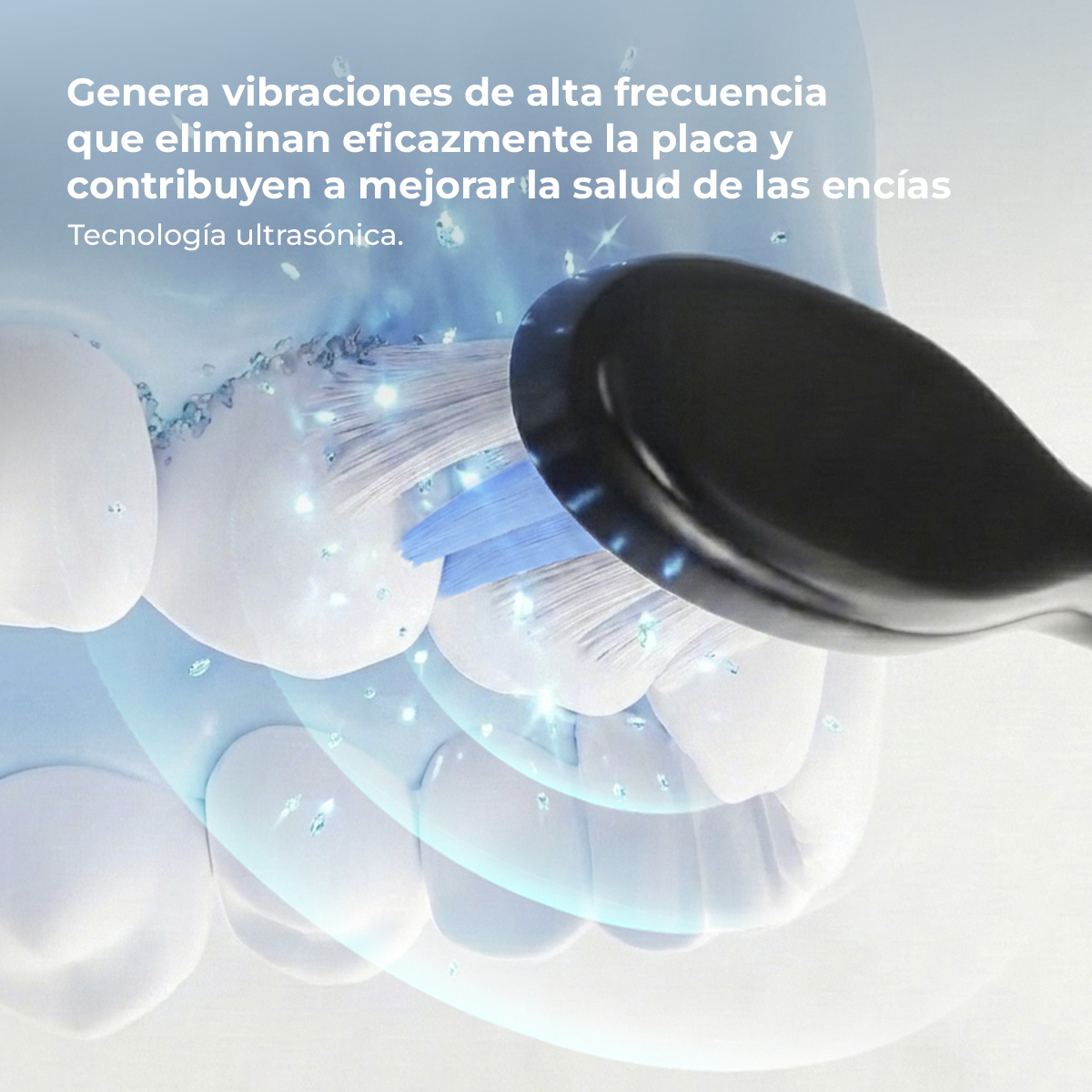 Un cepillo de dientes eléctrico negro limpia dientes con ondas ultrasónicas azules brillantes y partículas.