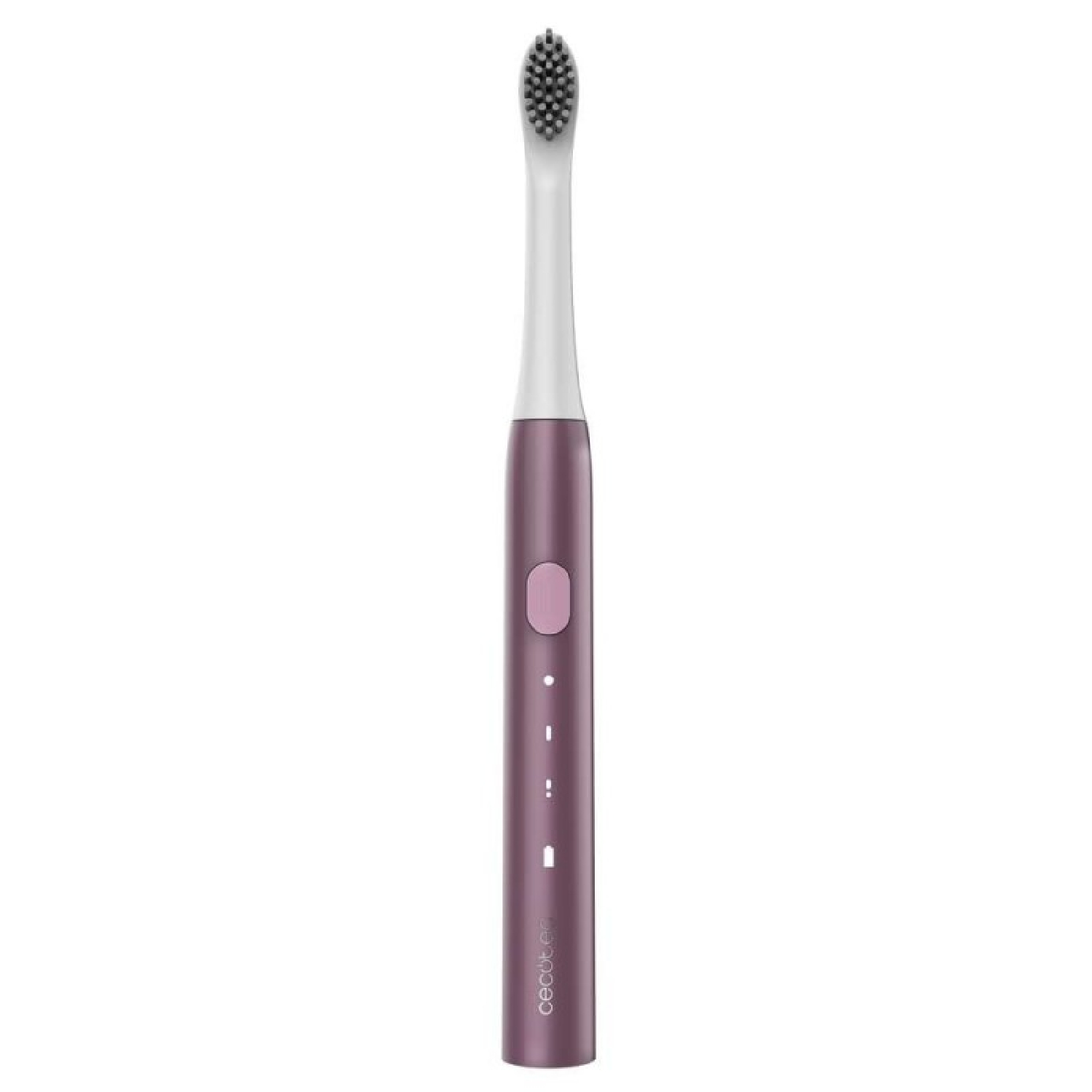Un cepillo de dientes eléctrico rosa con cabezal gris sobre fondo blanco.
