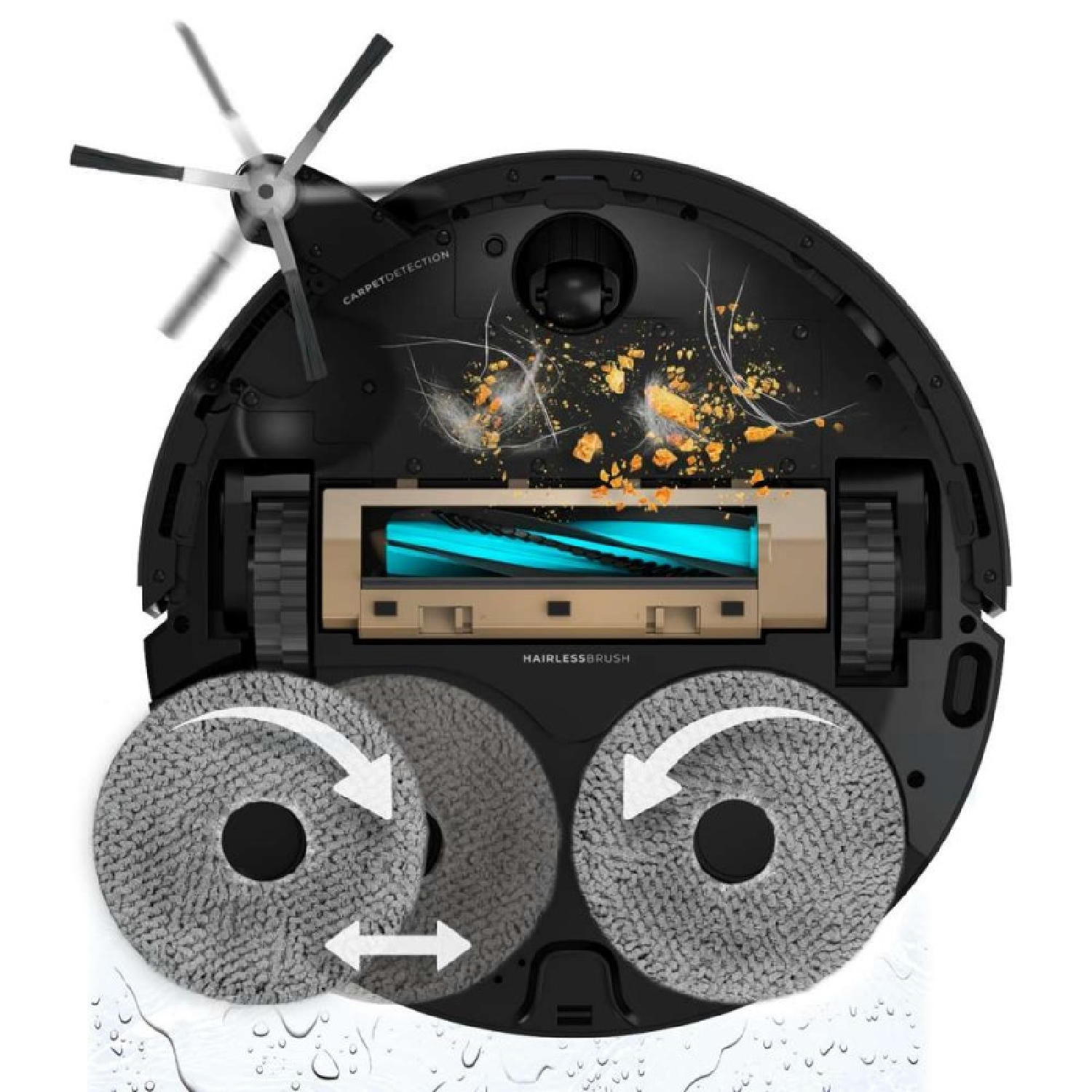 Vista inferior de un robot aspirador con cepillos giratorios y mopas en un suelo mojado.