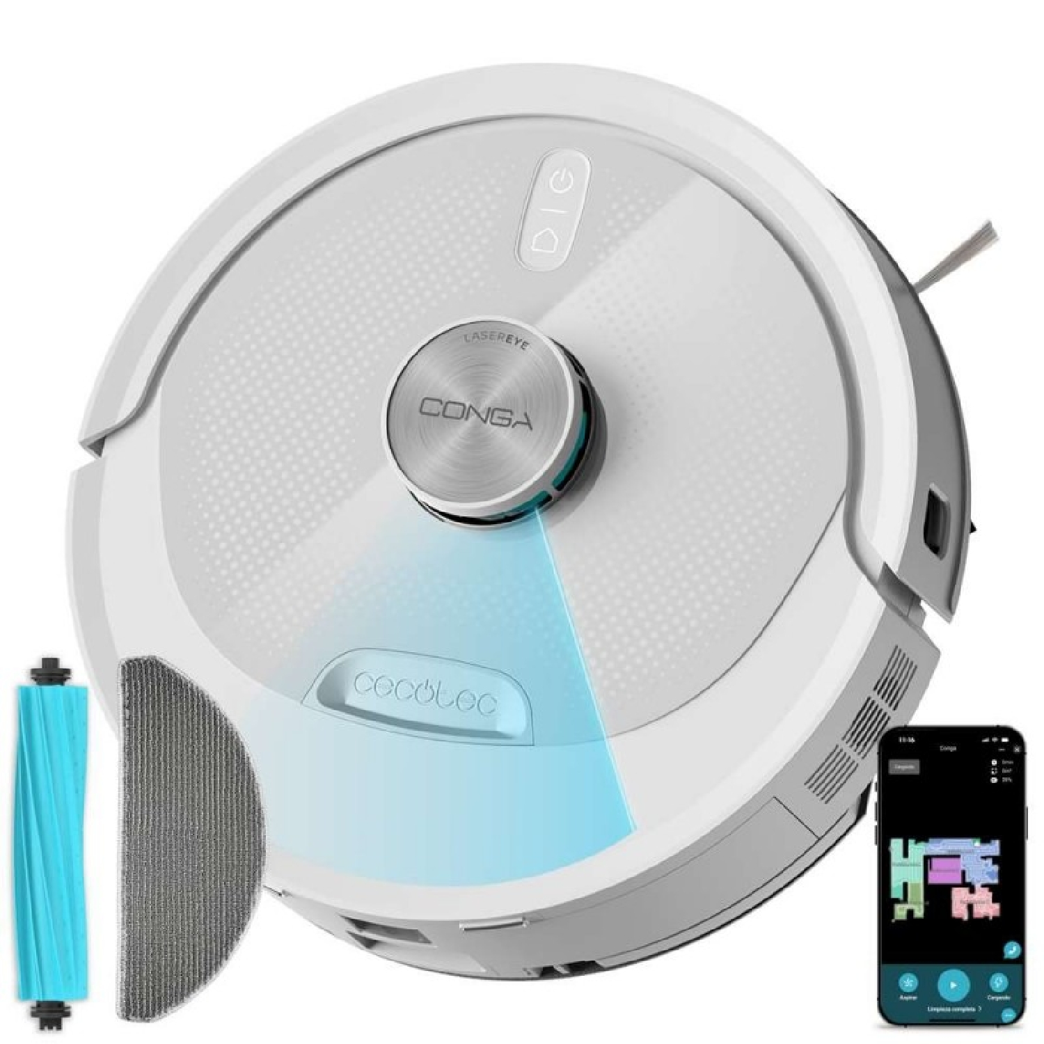 Robot aspirador blanco con sensor láser, cepillo azul, mopa y aplicación móvil sobre fondo blanco.