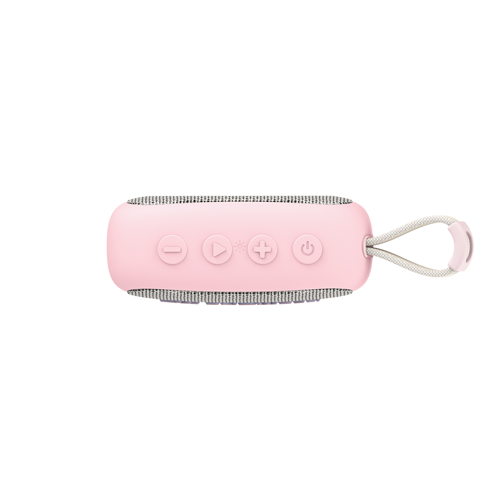Podłużny różowy głośnik Bluetooth z czterema przyciskami sterującymi i szarym paskiem na białym tle.
