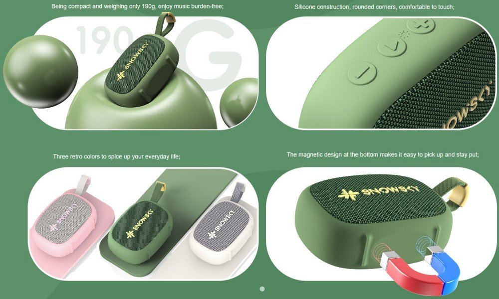 Cztery panele przedstawiają kompaktowy zielony głośnik Bluetooth Snowsky, podkreślając wagę, silikon i magnes.