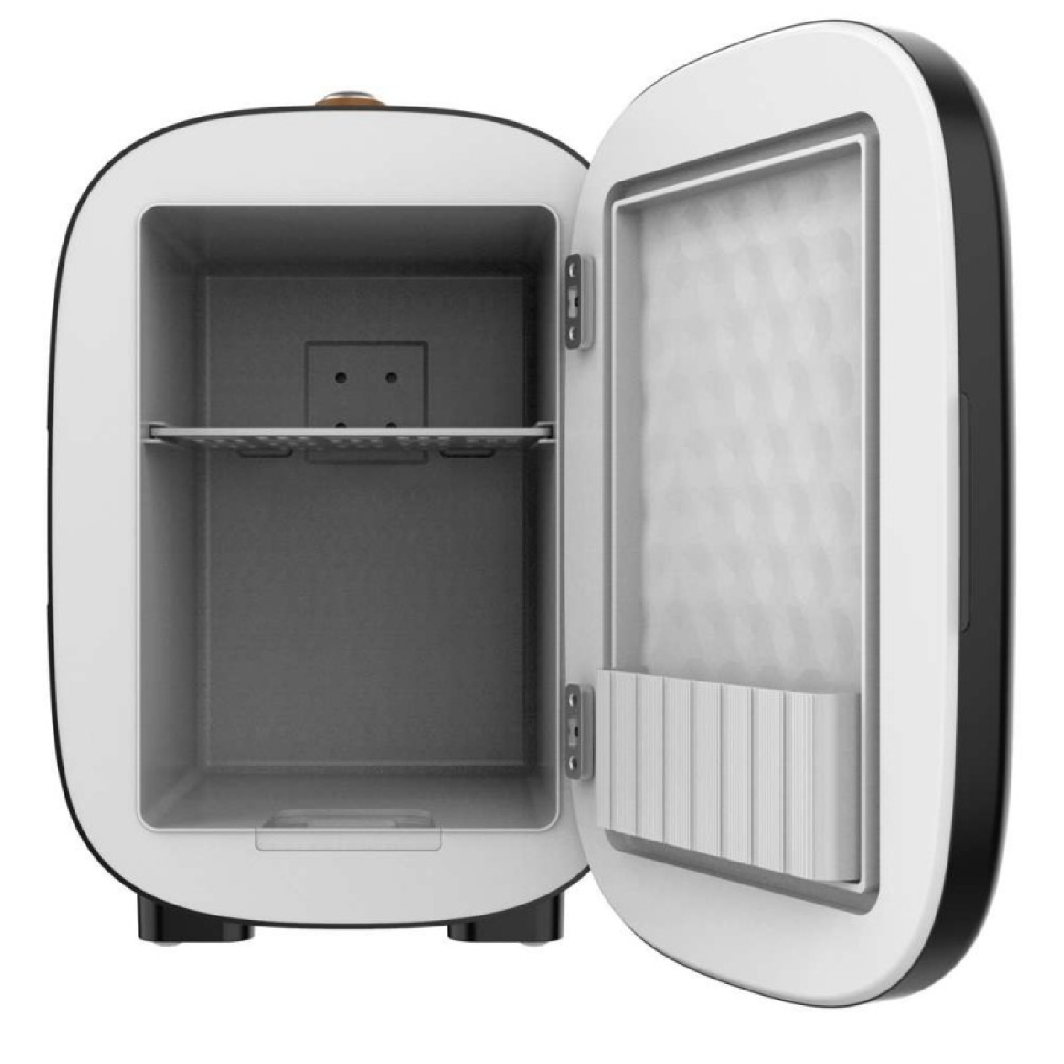 Compatto mini frigo nero con porta aperta, interno bianco e ripiano rimovibile.