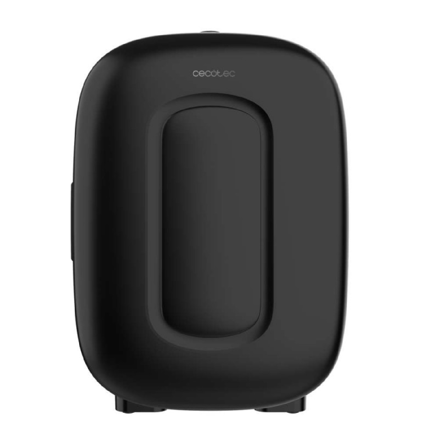 Un elegante mini frigo nero con bordi arrotondati e logo Cecotec su sfondo bianco.
