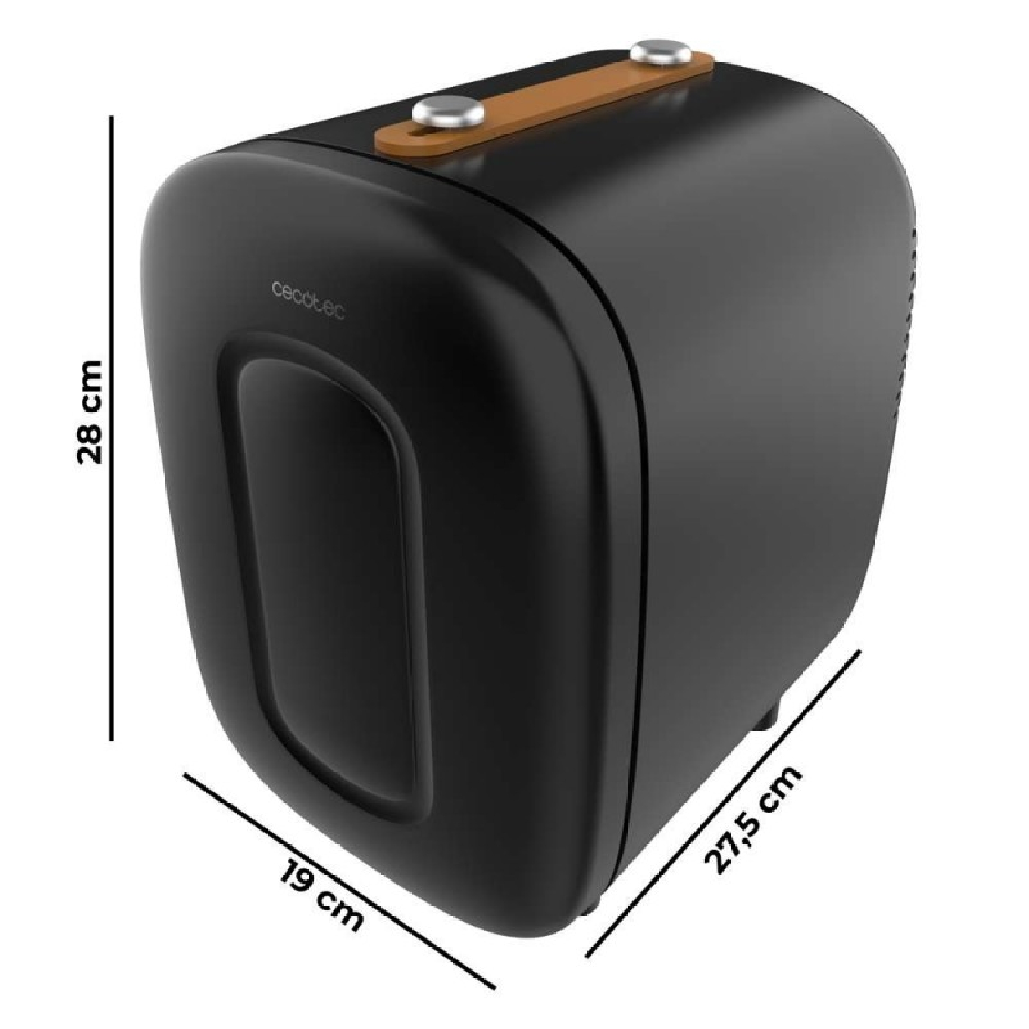 Un minifrigo nero alto 28 cm, largo 19 cm e profondo 27,5 cm, con maniglia superiore marrone.