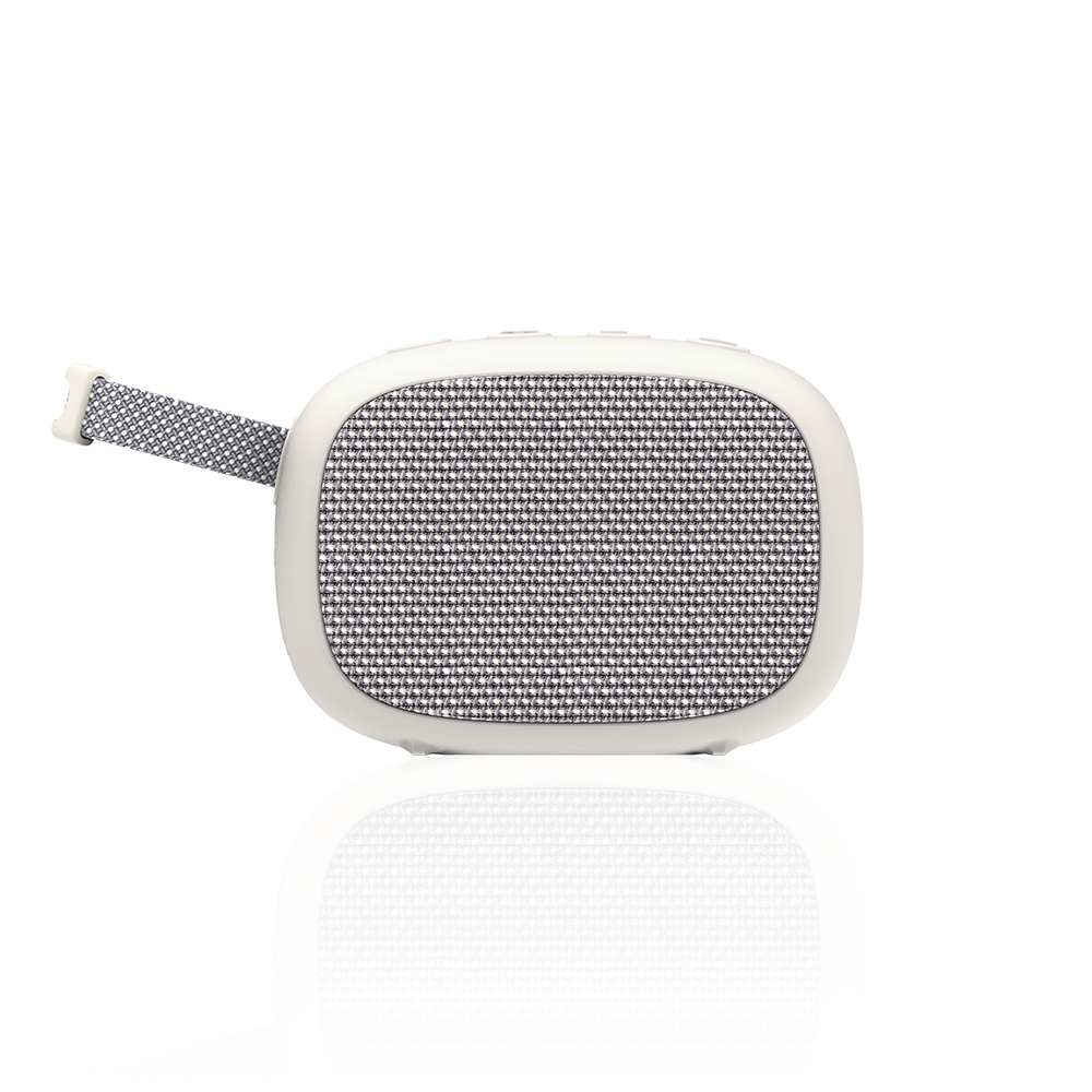Biały, owalny głośnik bluetooth z szarą siatką maskującą i małym szarym paskiem do noszenia.