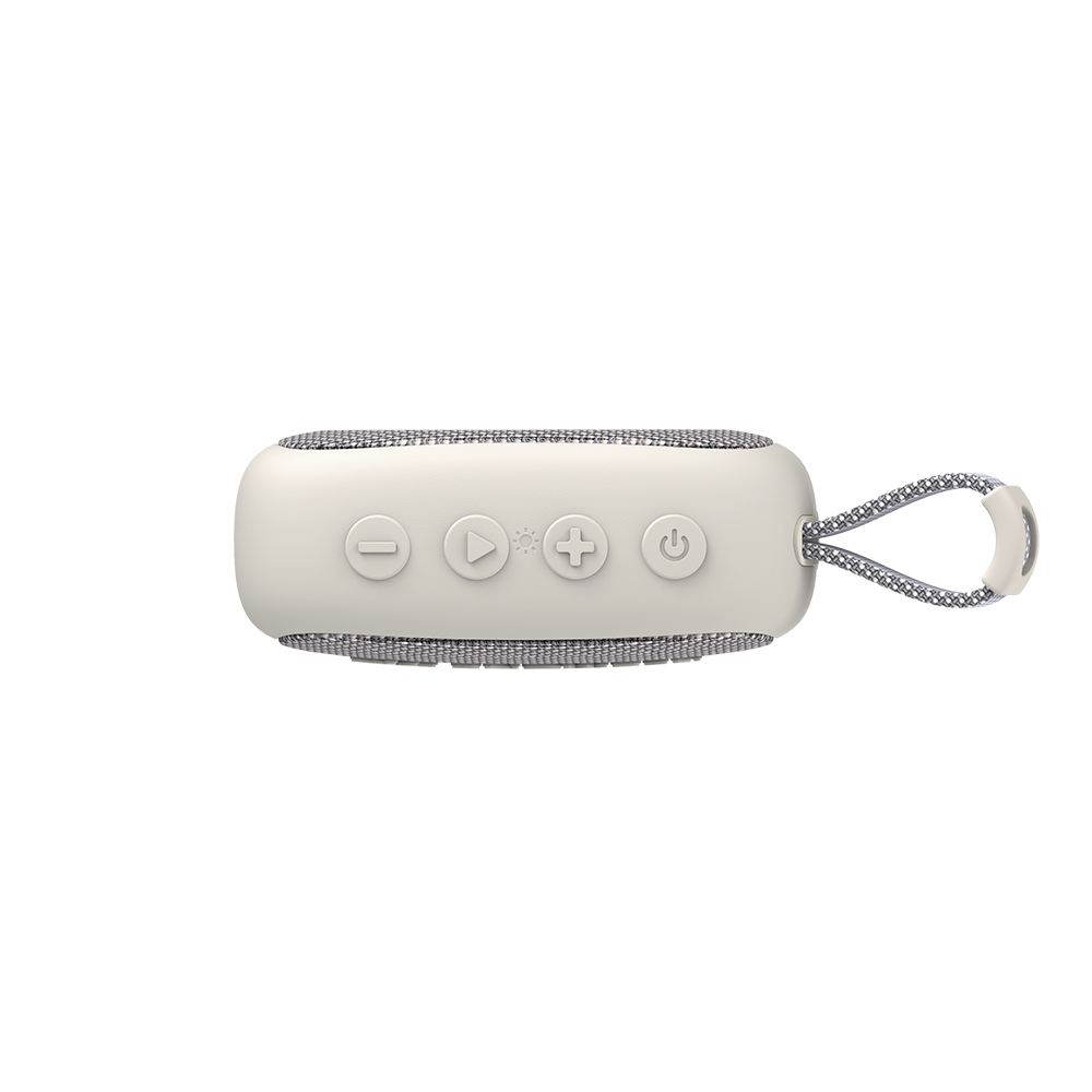Biały, wydłużony głośnik bluetooth z przyciskami sterującymi u góry i szarym paskiem do przenoszenia.