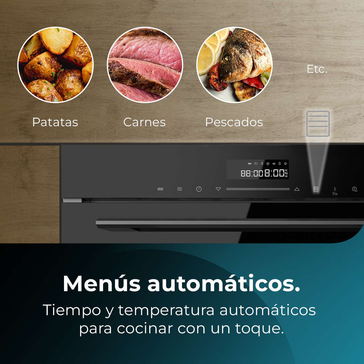 Panel de control de horno automático con recetas de patatas, carnes y pescados, y pantalla digital.