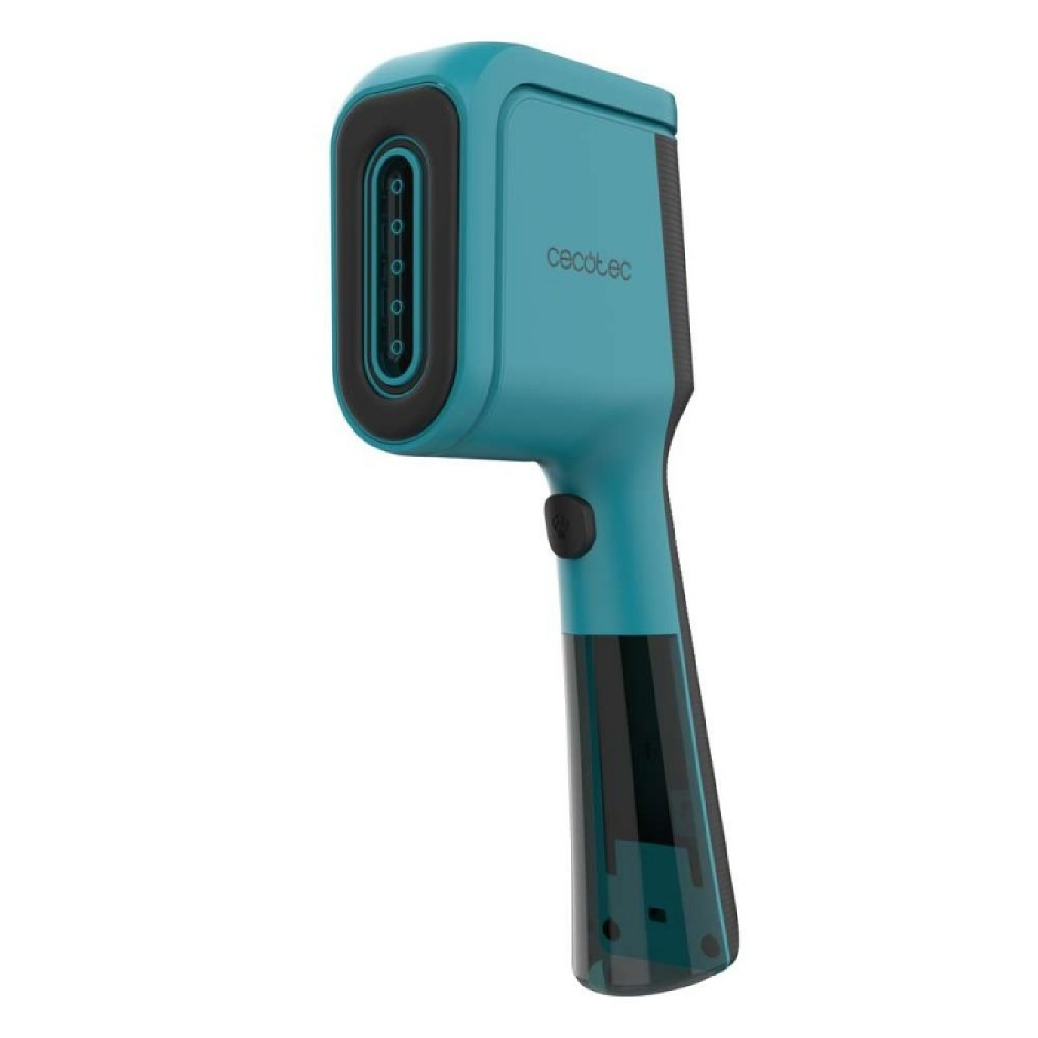 Un vaporizzatore per indumenti portatile turchese con impugnatura nera e testina per ugelli a vapore su sfondo bianco.