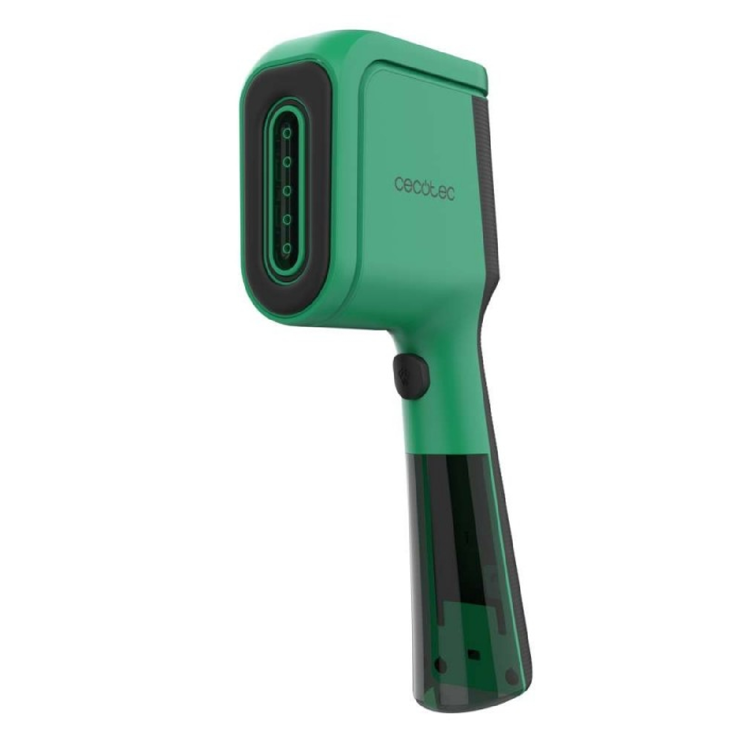 Un vaporizzatore per indumenti portatile verde e nero con cinque ugelli sulla testa e manico nero su sfondo bianco.