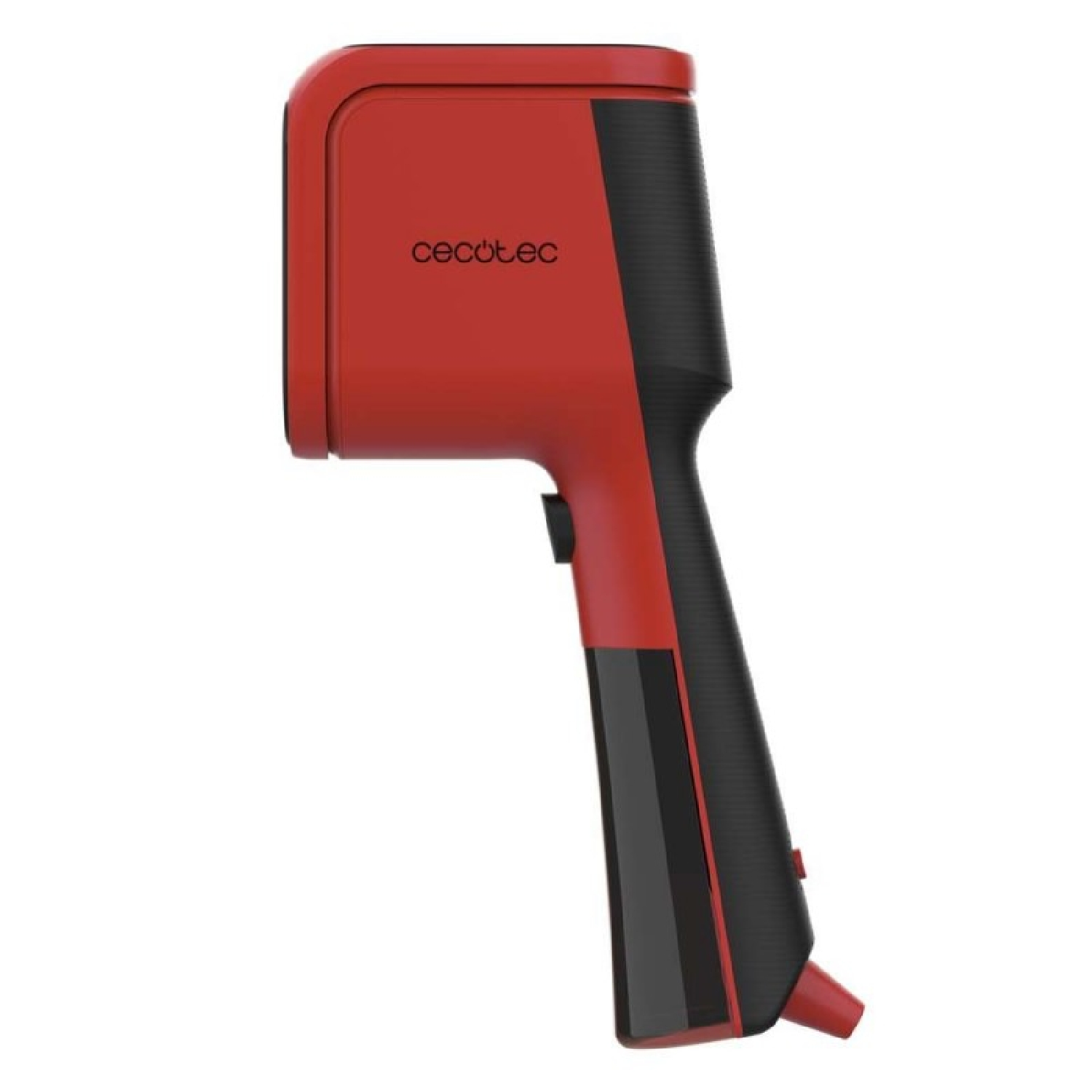 Un vaporizzatore portatile Cecotec rosso e nero in profilo.
