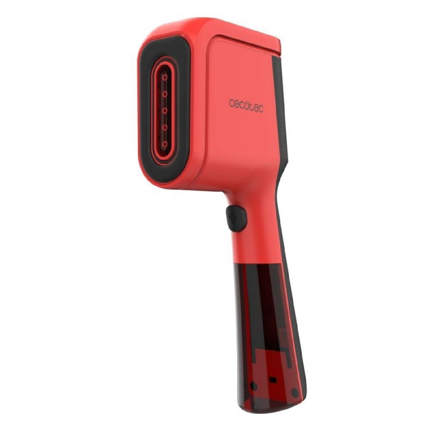 Un vaporizzatore per indumenti portatile rosso e nero con ugello verticale su sfondo bianco.