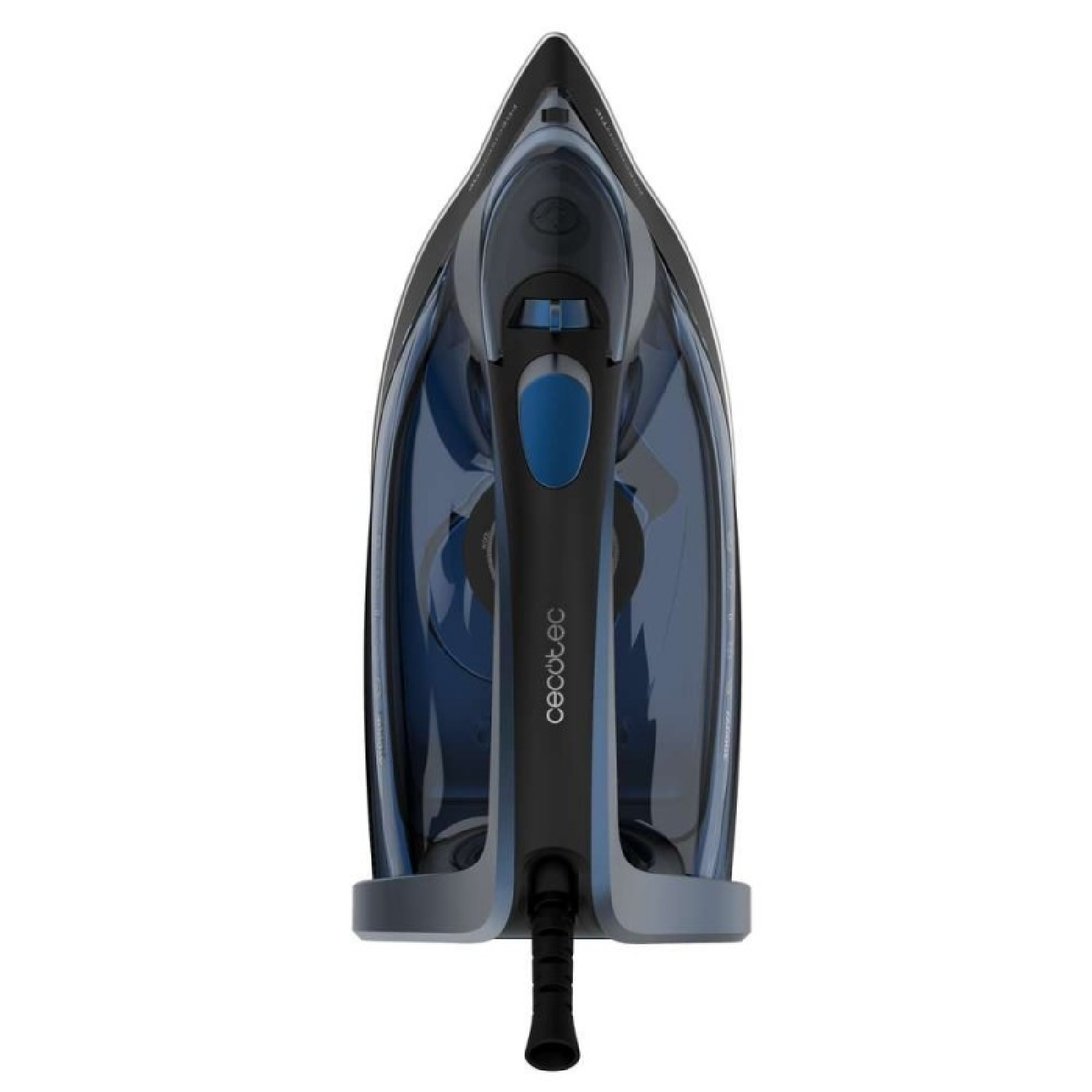 Un ferro da stiro blu e nero si trova in posizione verticale su sfondo bianco con cavo visibile.