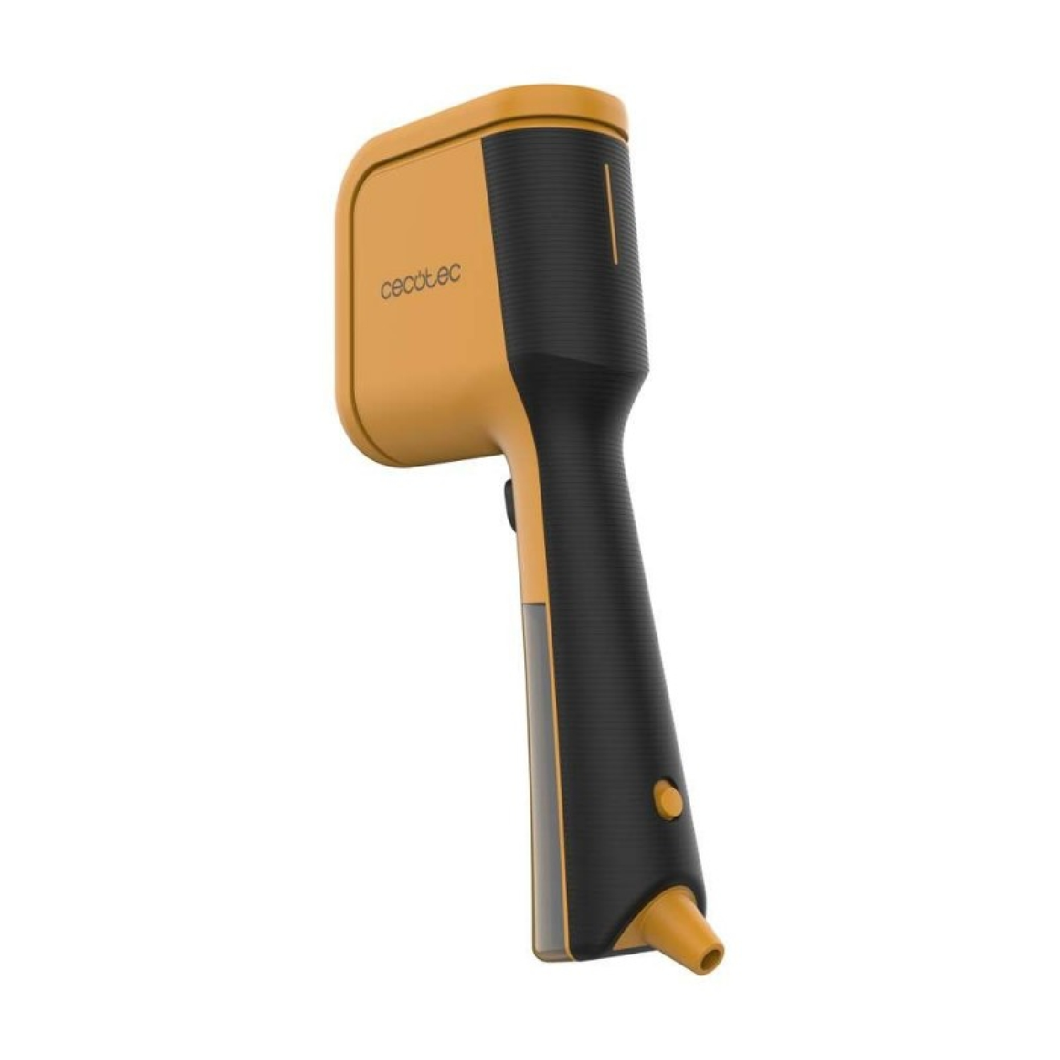 Un vaporizzatore per indumenti portatile giallo e nero dal design moderno su sfondo bianco.