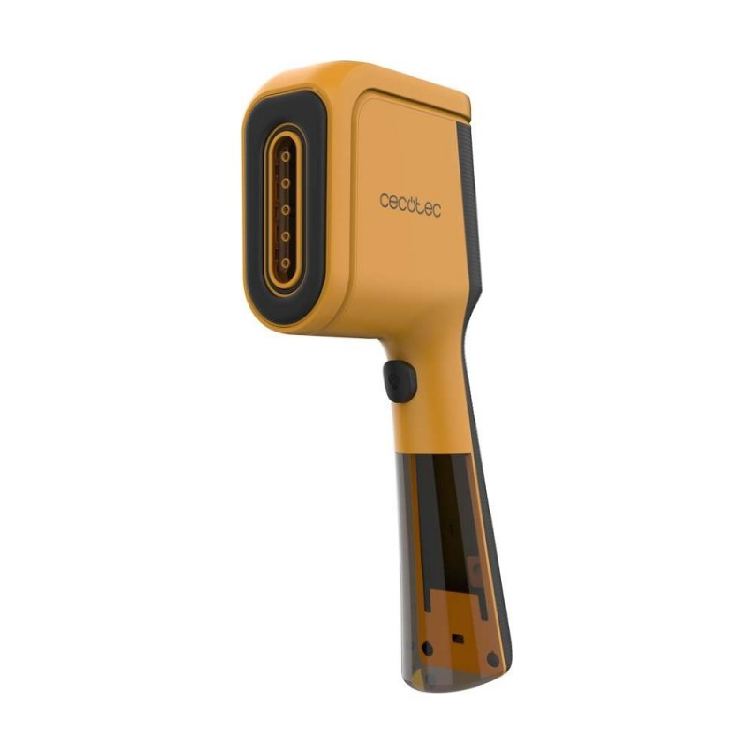 Un vaporizzatore per tessuti portatile giallo e nero di Cecotec, con ugello anteriore nero e serbatoio trasparente.